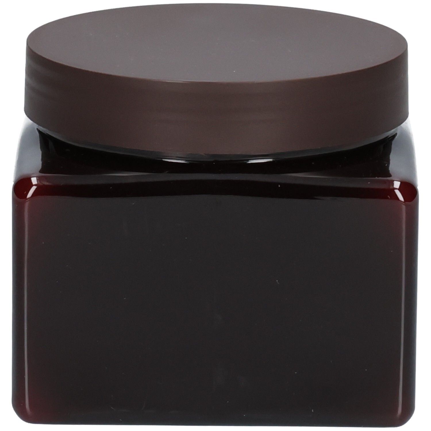 Vasetto marrone scuro con coperchio marrone, contenuto non visibile.