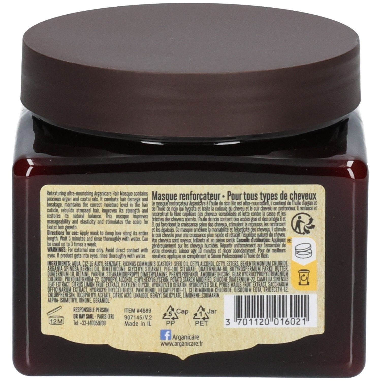 Retro del vasetto Arganicare Hair Masque con ingredienti e istruzioni.