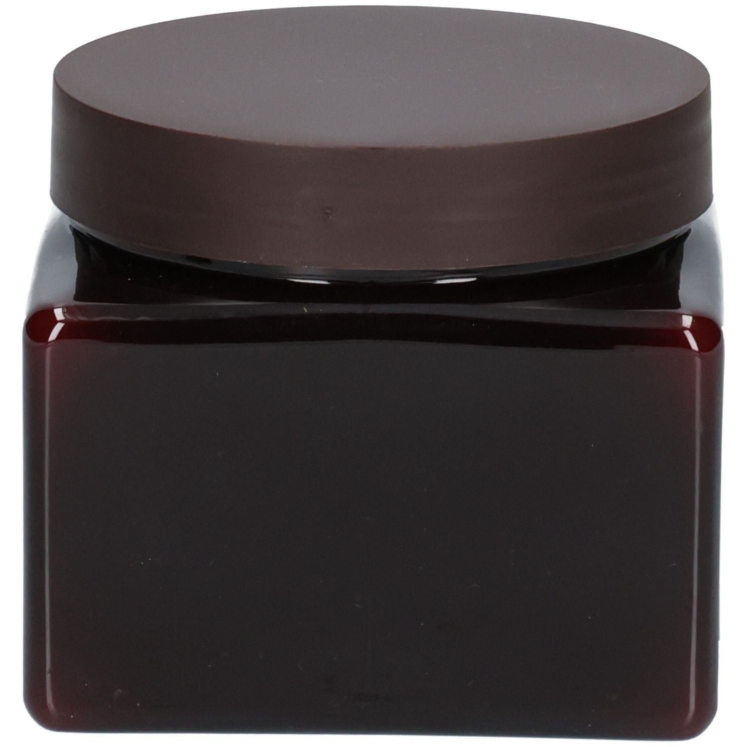 Vasetto marrone scuro con coperchio marrone, contenuto non visibile.