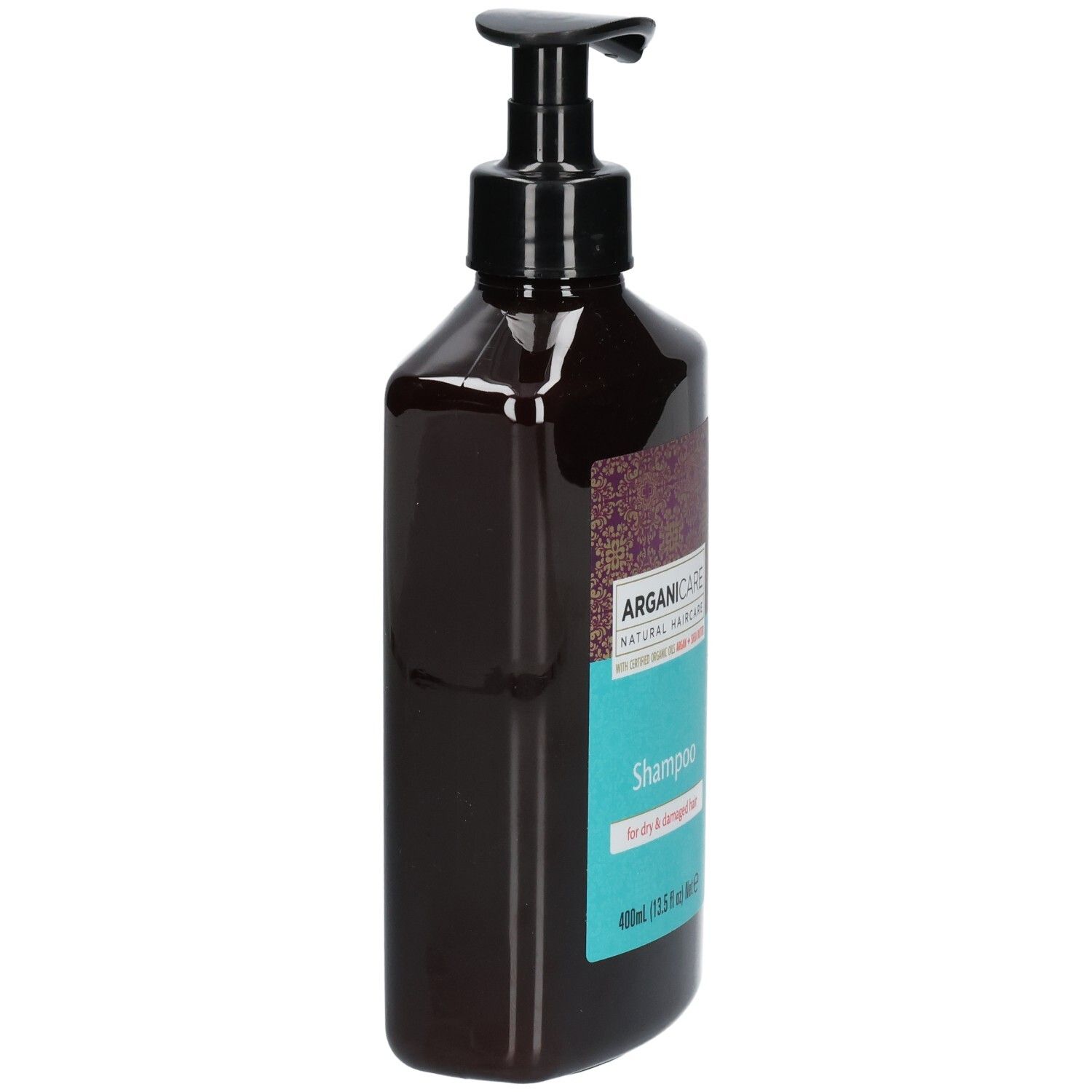 Arganicare Shampoo per capelli secchi, flacone laterale con dispenser.