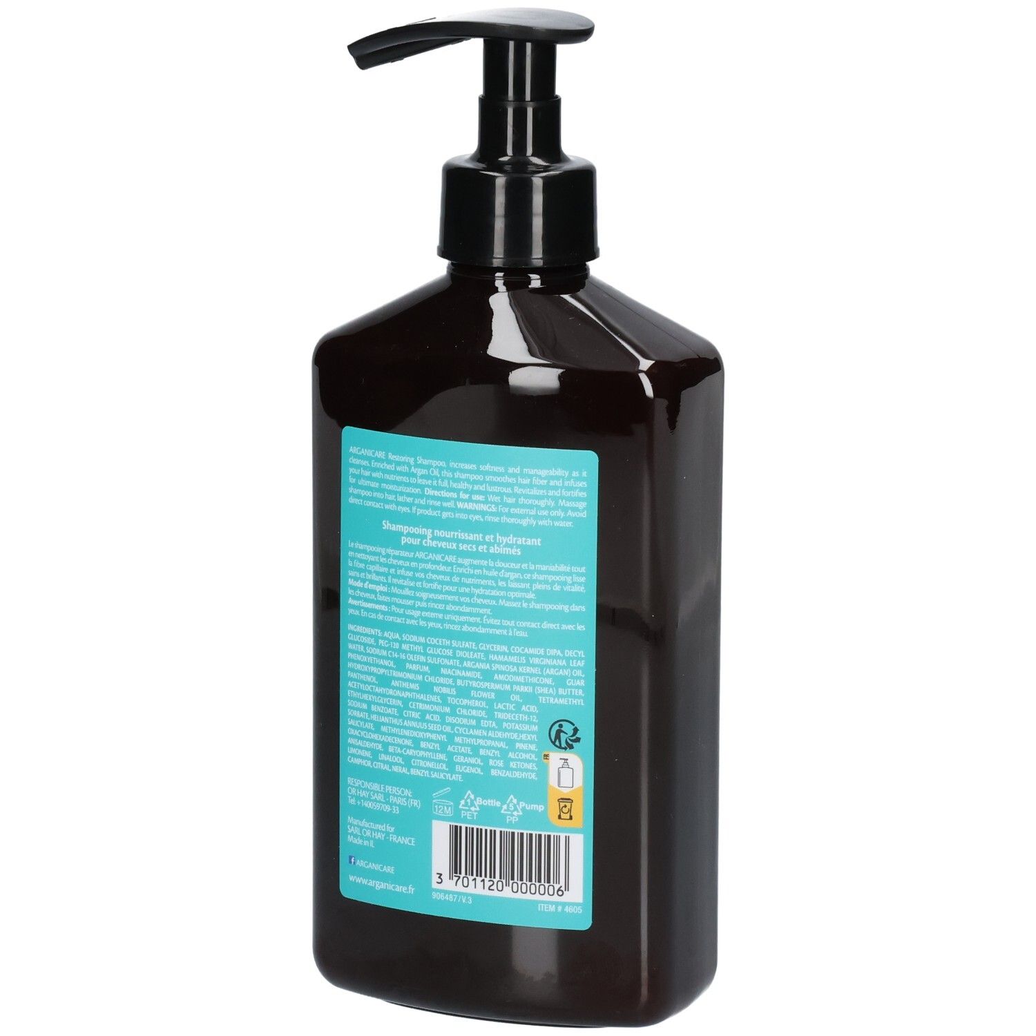 Retro del flacone di shampoo Arganicare per capelli secchi, 400ml.