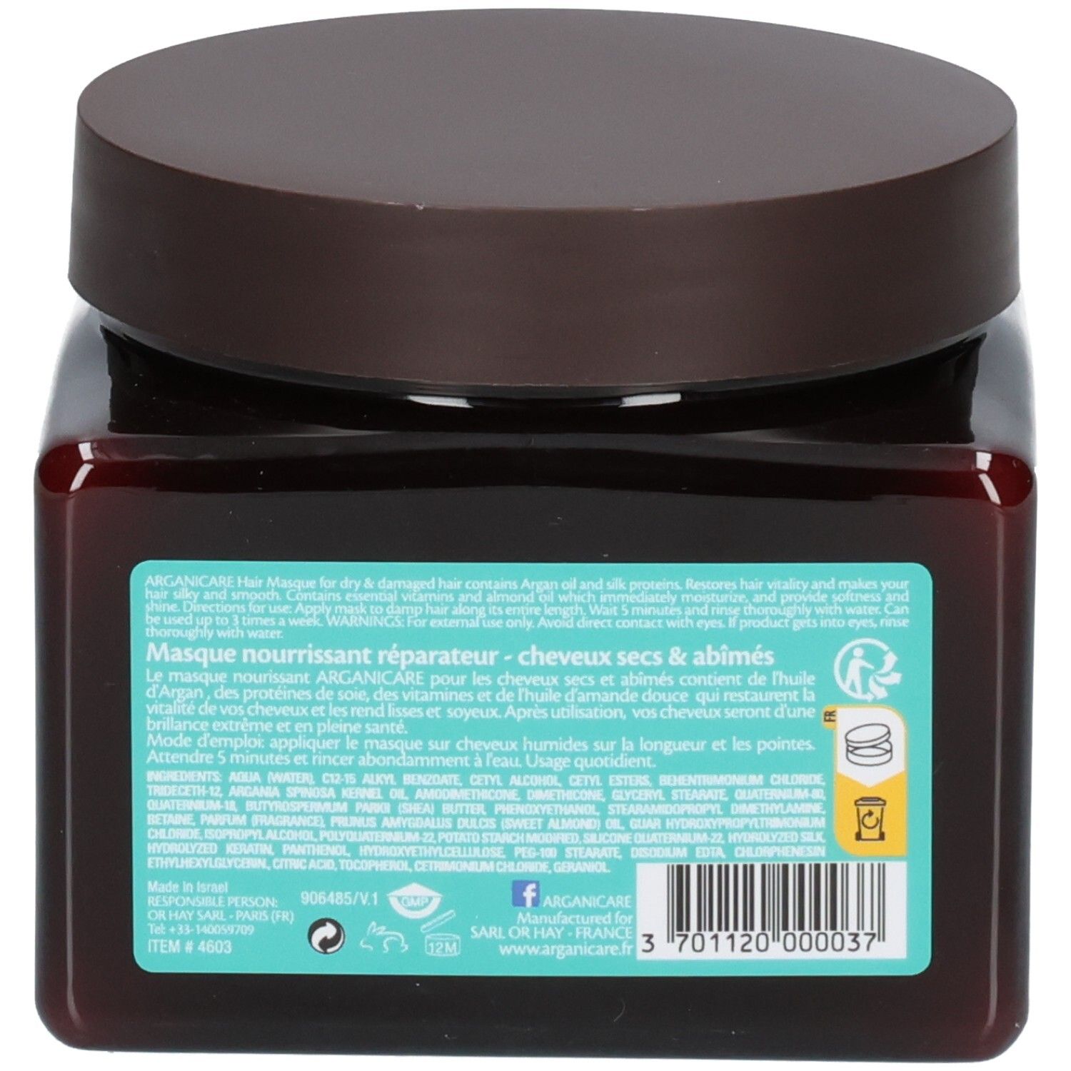 Arganicare Maschera per capelli secchi e danneggiati. Flacone marrone con tappo marrone. 500ml.