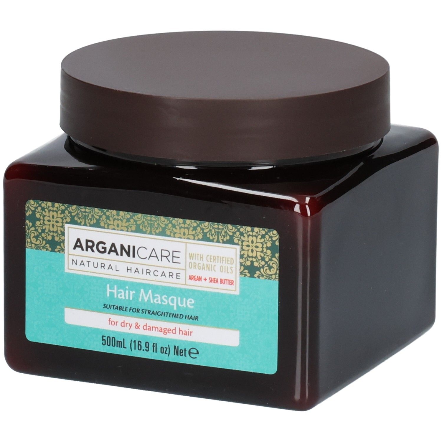 Arganicare Maschera per capelli secchi e danneggiati. Flacone marrone con tappo marrone. 500ml.