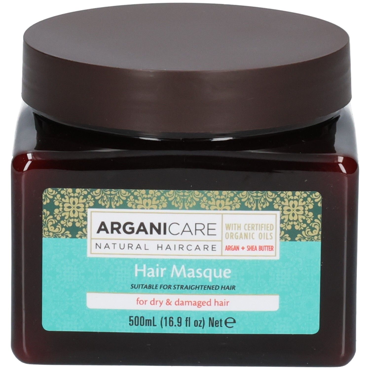 Arganicare Maschera per capelli secchi e danneggiati. Flacone marrone con tappo marrone. 500ml.