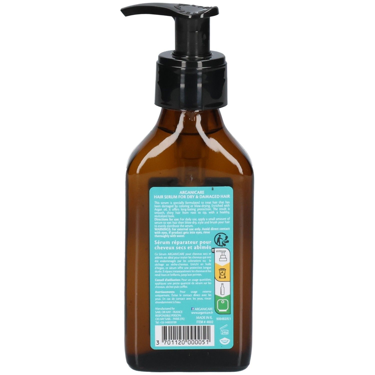 Retro del flacone di siero per capelli Arganicare con istruzioni e ingredienti.