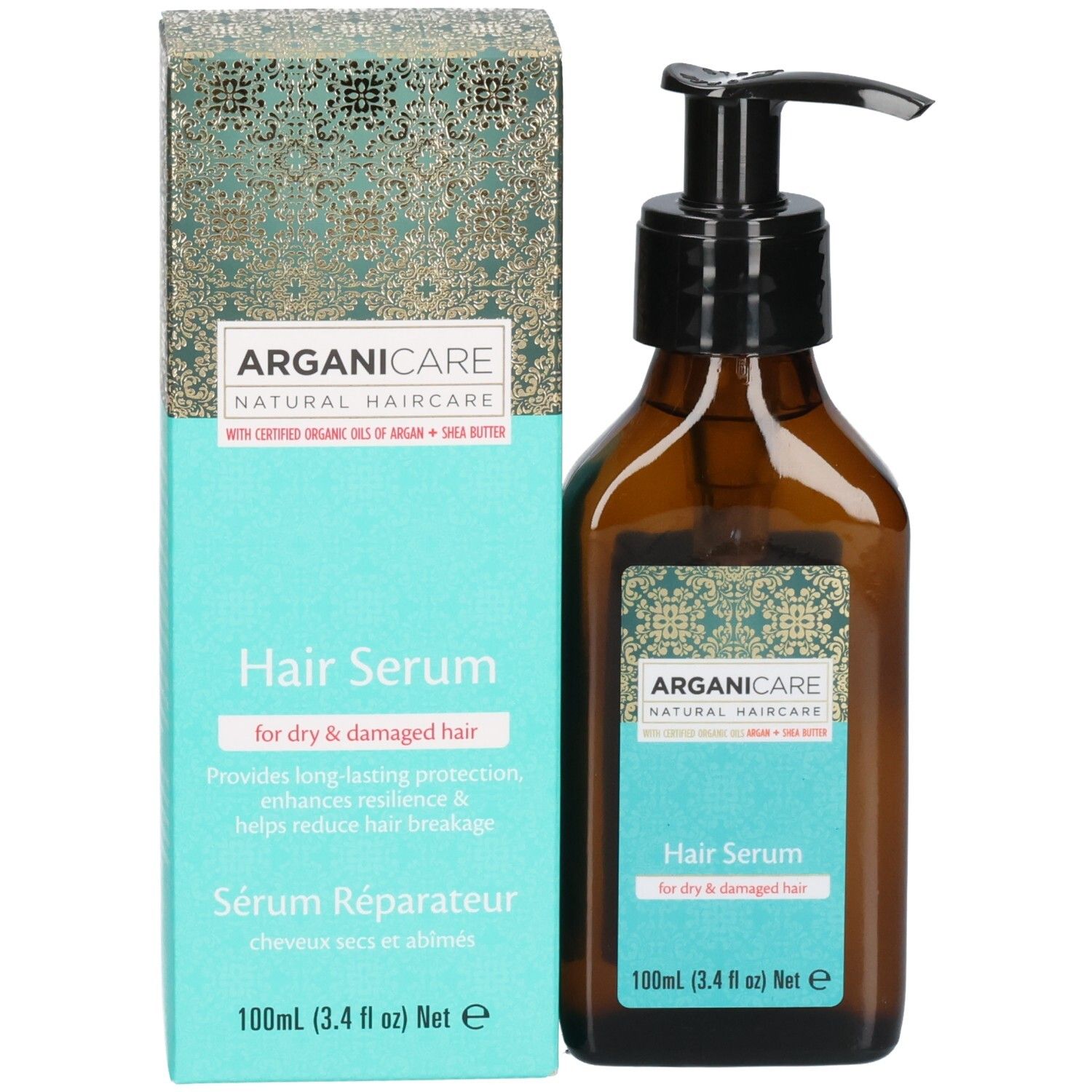 Flacone e confezione di siero per capelli Arganicare. Siero per capelli secchi e danneggiati.