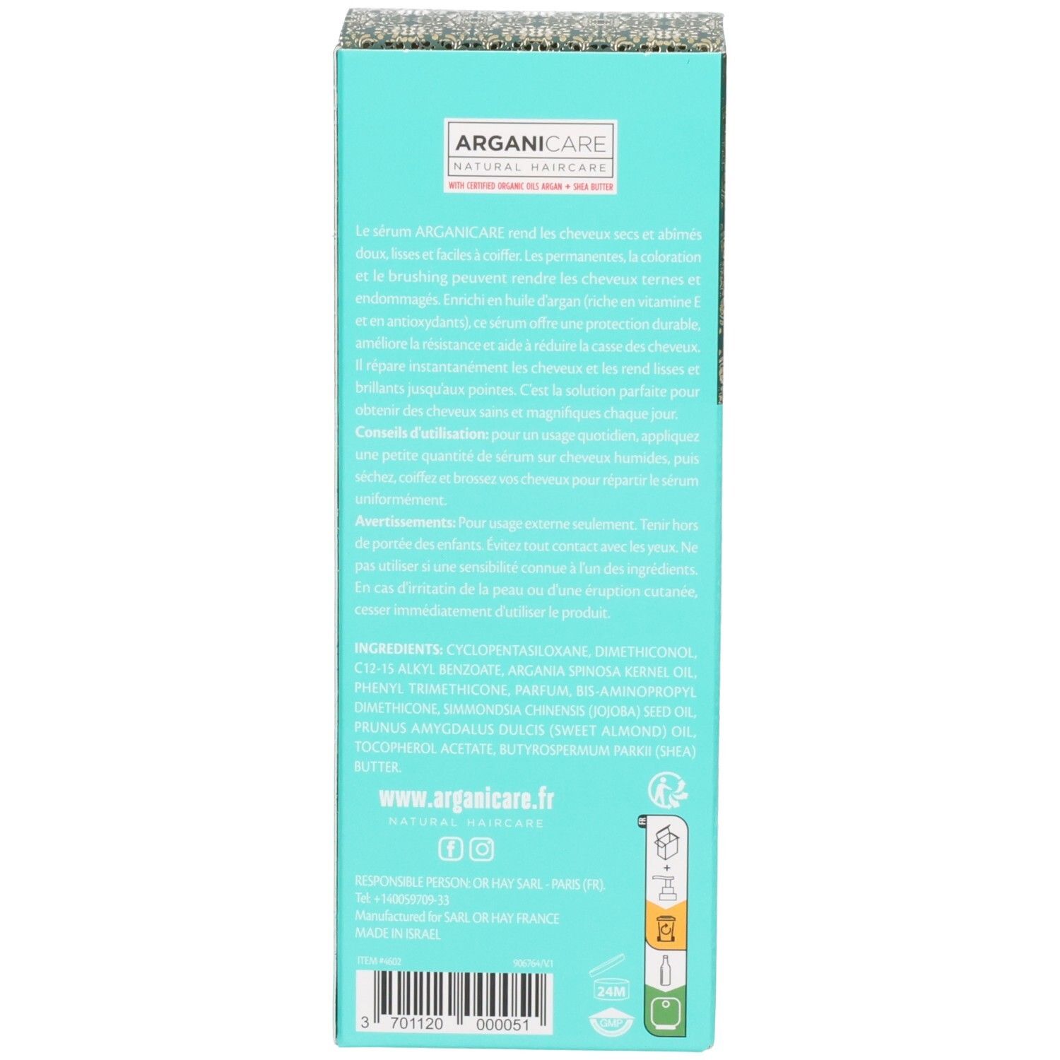 Retro della confezione del siero per capelli Arganicare con ingredienti e sito web.