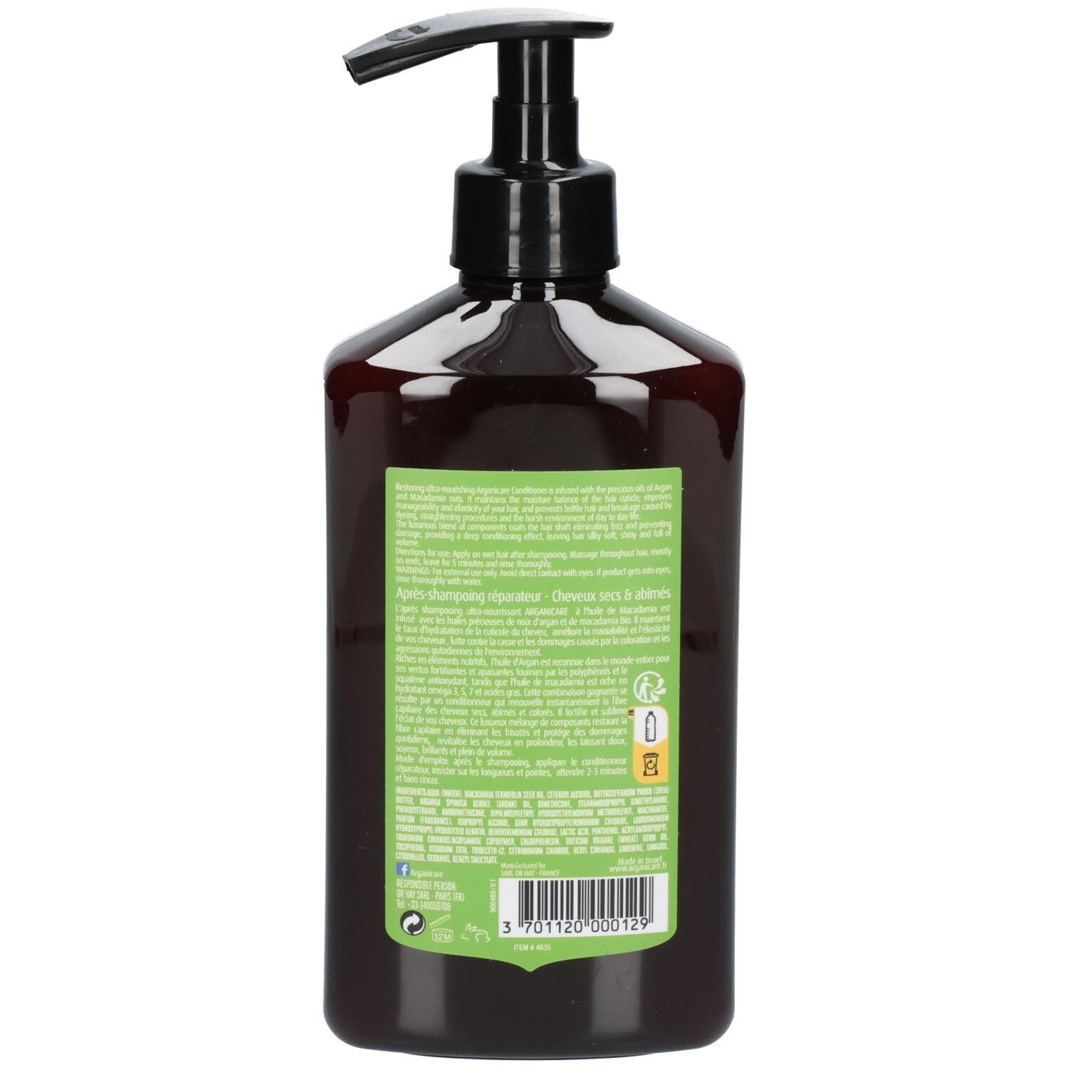 Retro di un flacone di shampoo Arganicare Macadamia con ingredienti e istruzioni.