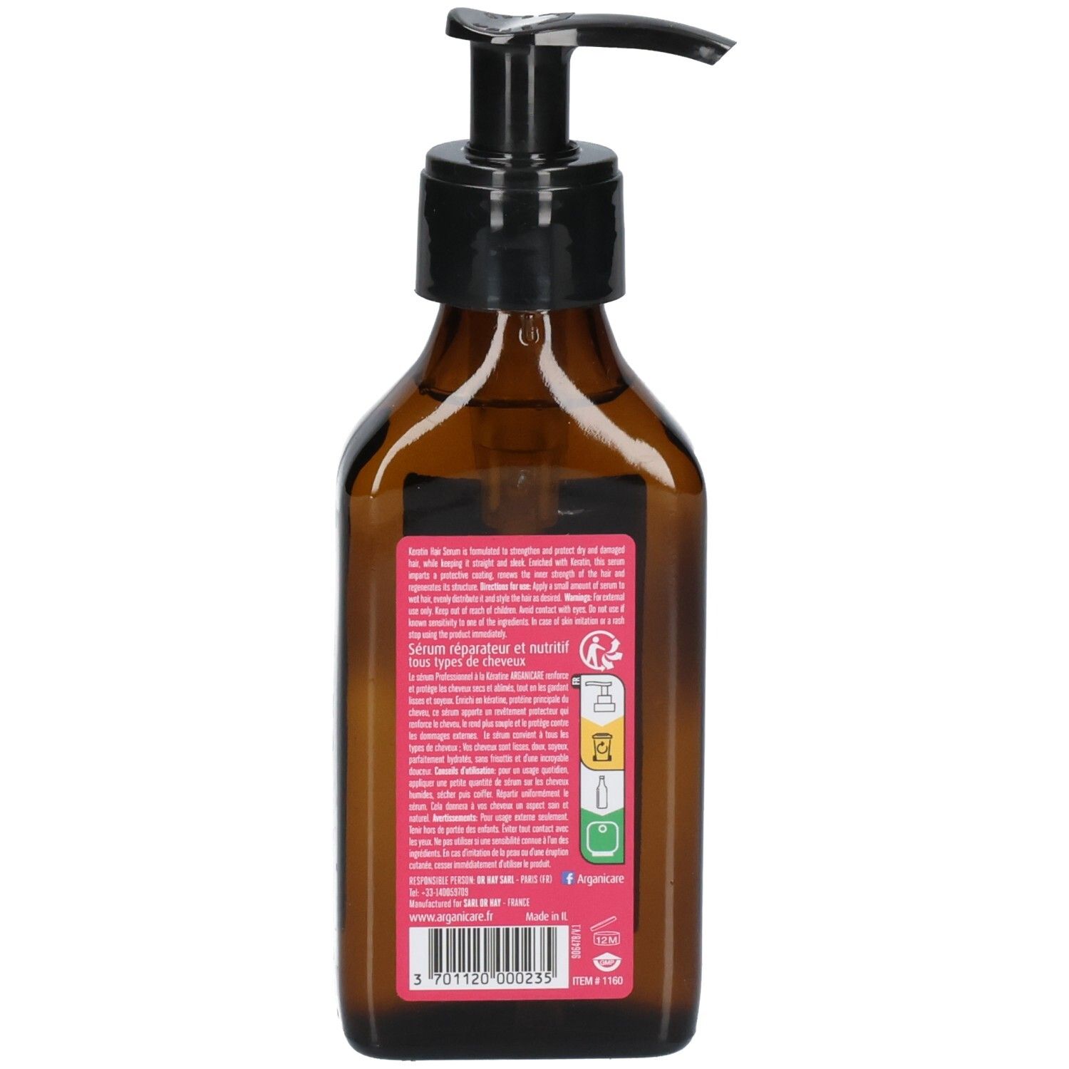 Retro del flacone di siero per capelli alla cheratina Arganicare con informazioni sul prodotto e icone.