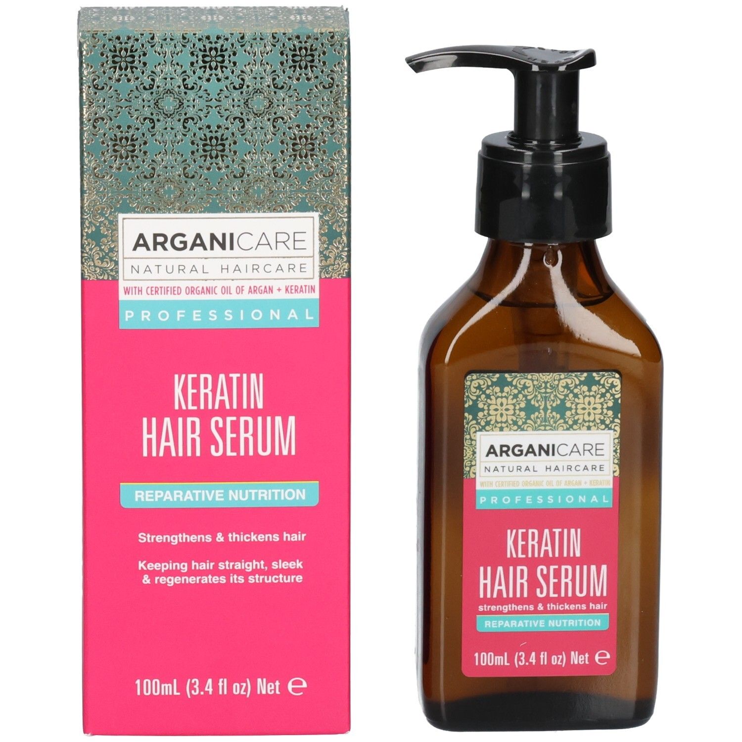 Flacone e confezione del siero per capelli alla cheratina Arganicare. Il siero rinforza e ispessisce i capelli.