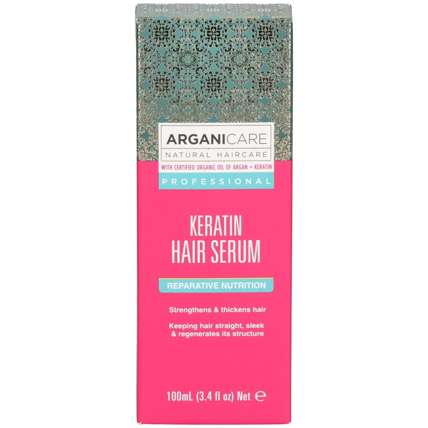 Confezione del siero per capelli alla cheratina Arganicare. Rinforza e ispessisce i capelli. 100ml.