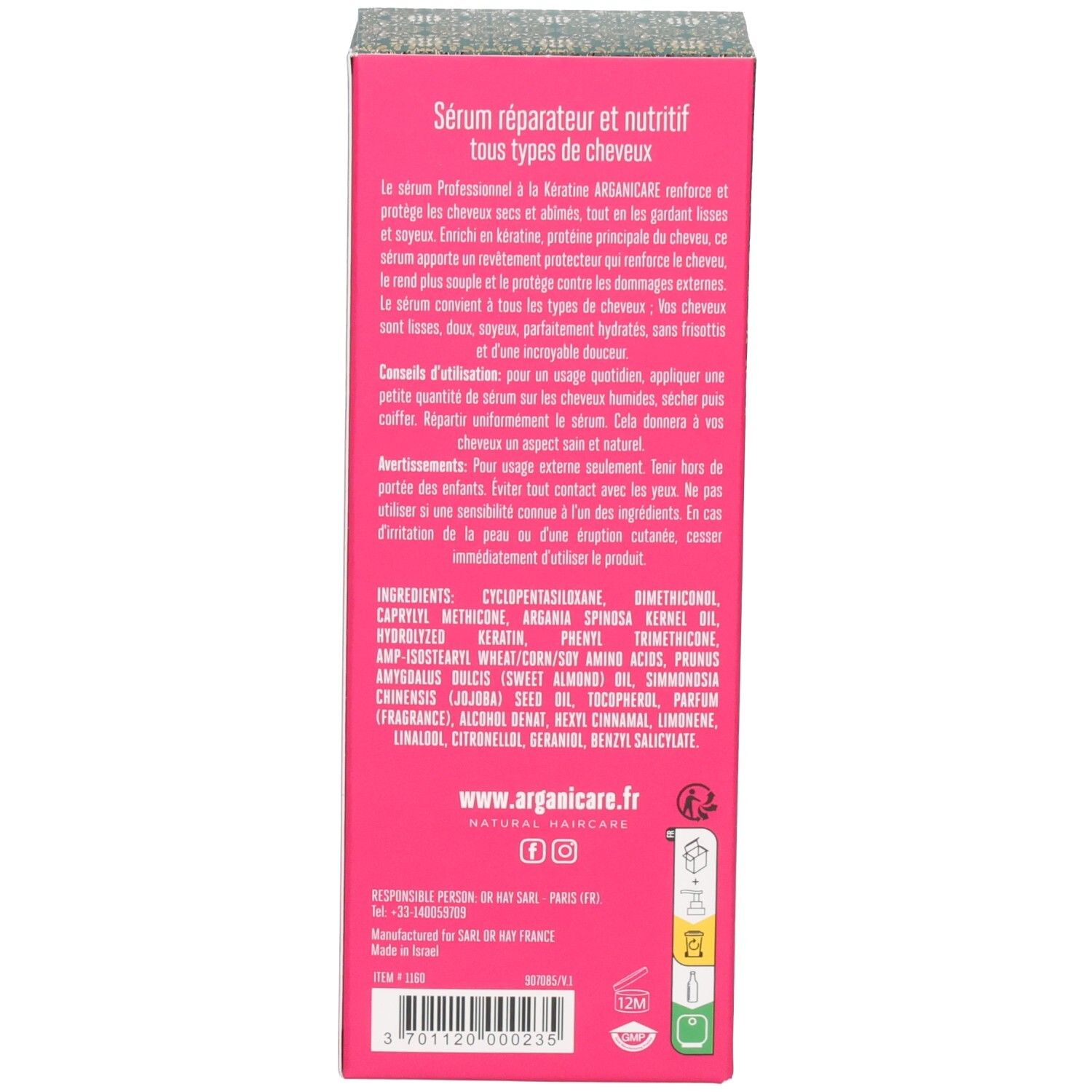 Retro della confezione del siero per capelli alla cheratina Arganicare con ingredienti e istruzioni.