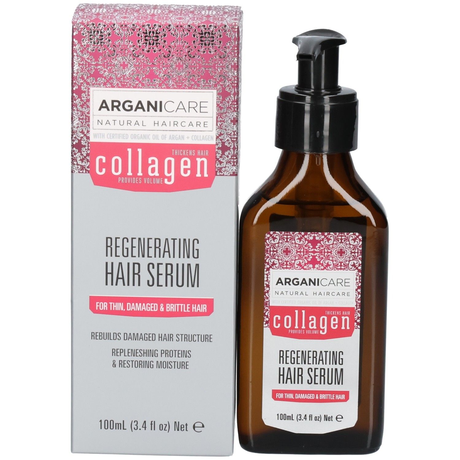 Flacone e scatola di Siero Rigenerante per Capelli Arganicare, 100ml.