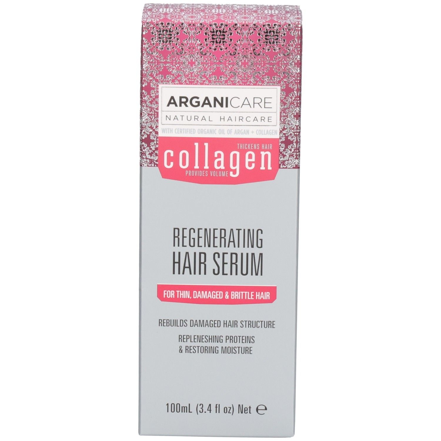 Flacone di siero per capelli rigenerante Arganicare con etichetta argento e rosa.