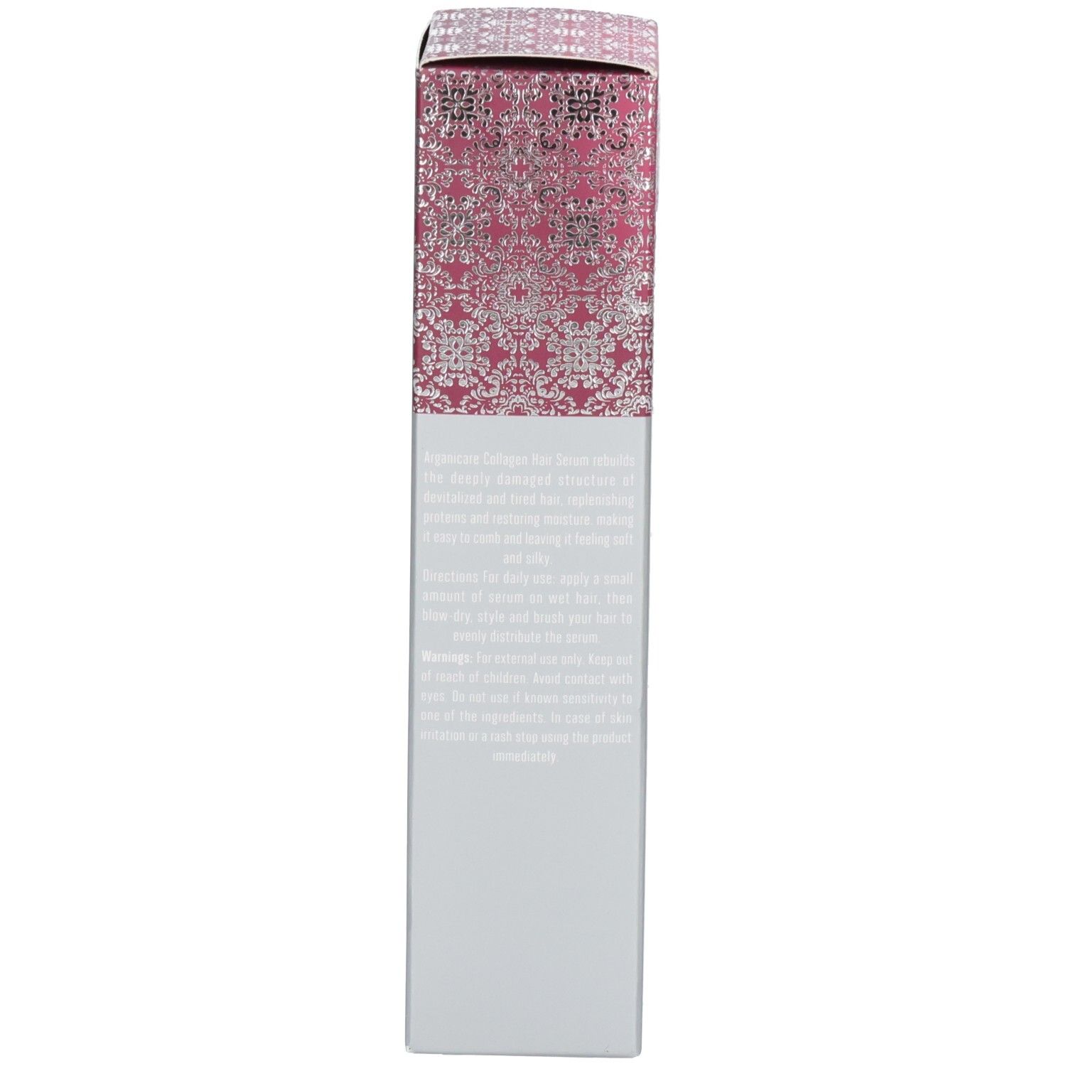 Confezione con motivo argento e rosa, contiene testo sul collagene.