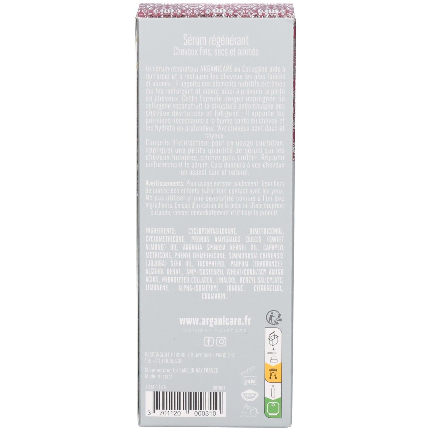 Siero rigenerante Arganicare per capelli secchi, retro della confezione con informazioni sul prodotto.