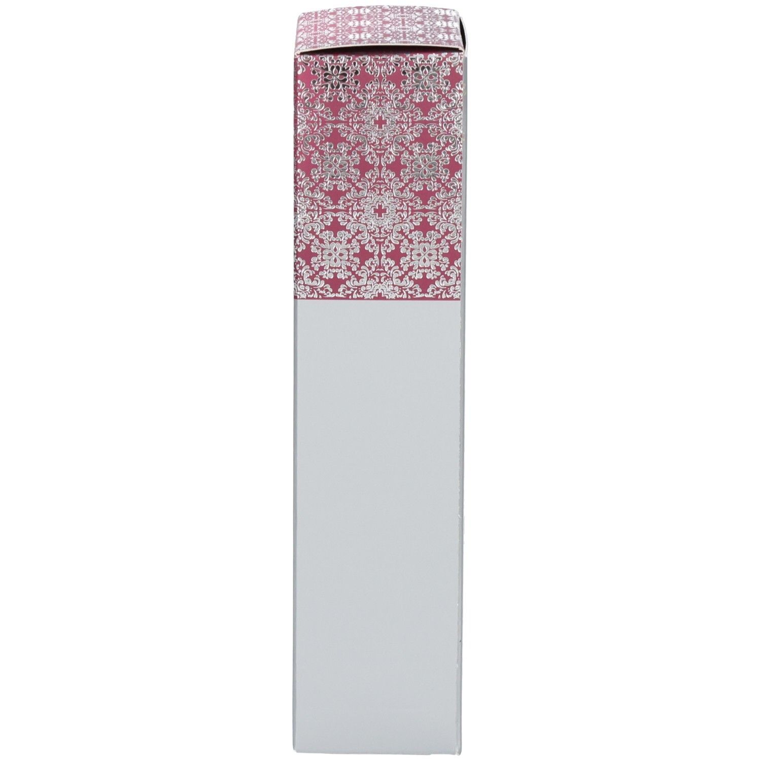 Confezione bianca con motivo rosa-argentato in alto.