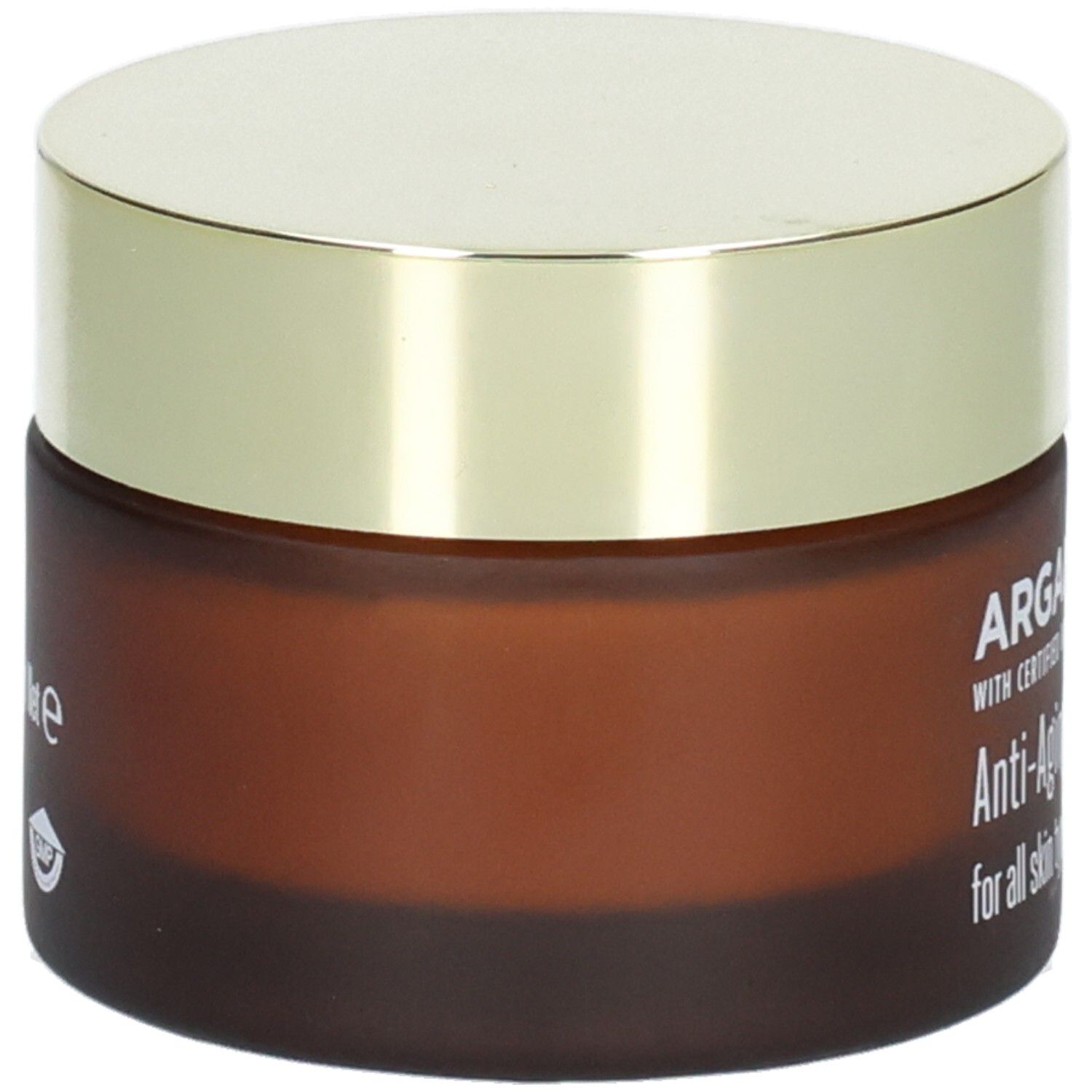 Crema viso Arganicare Anti-Aging, vista laterale del barattolo di vetro marrone con coperchio dorato.