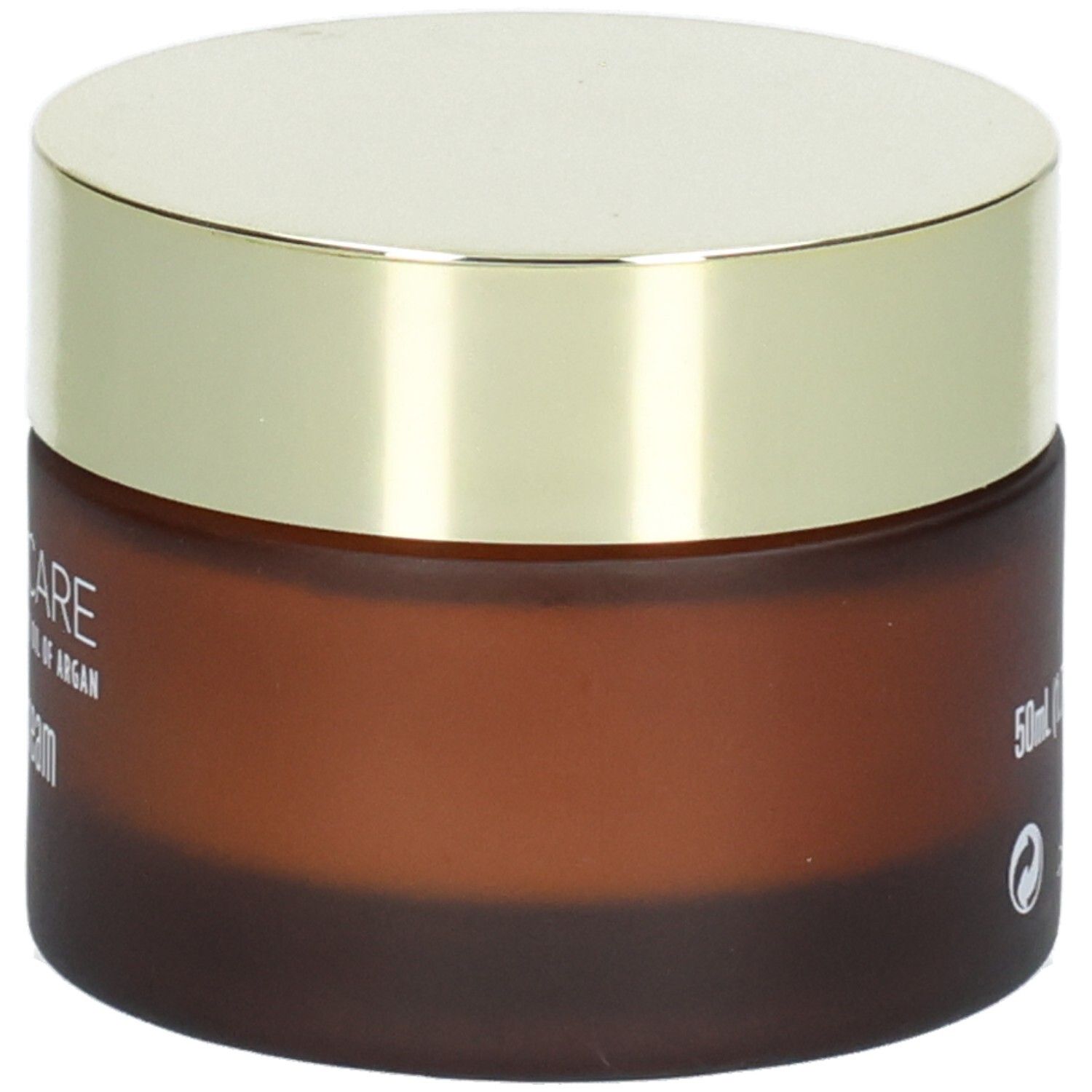 Crema viso Arganicare Anti-Aging, vista da destra del barattolo di vetro marrone con coperchio dorato.