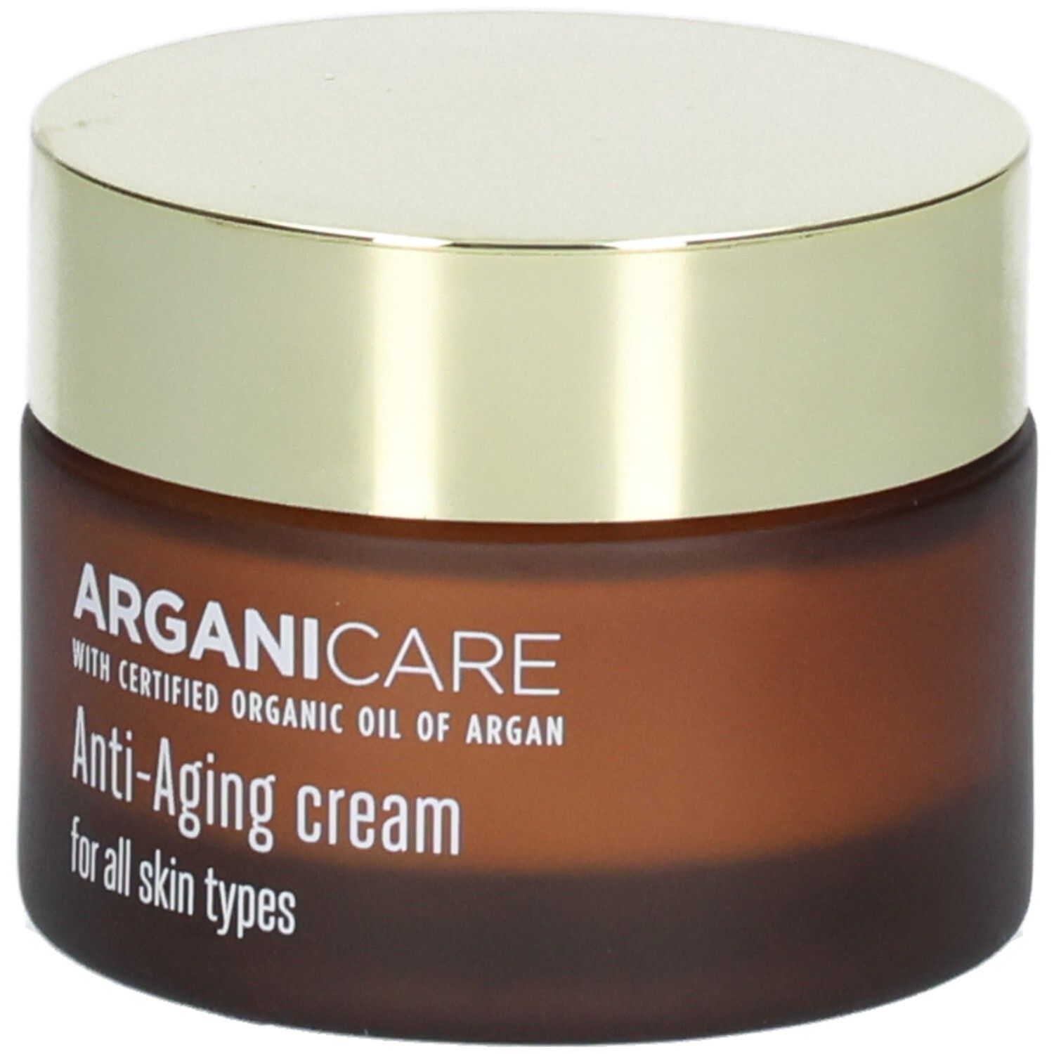 Crema viso Arganicare Anti-Aging in barattolo di vetro marrone con coperchio dorato, vista frontale.