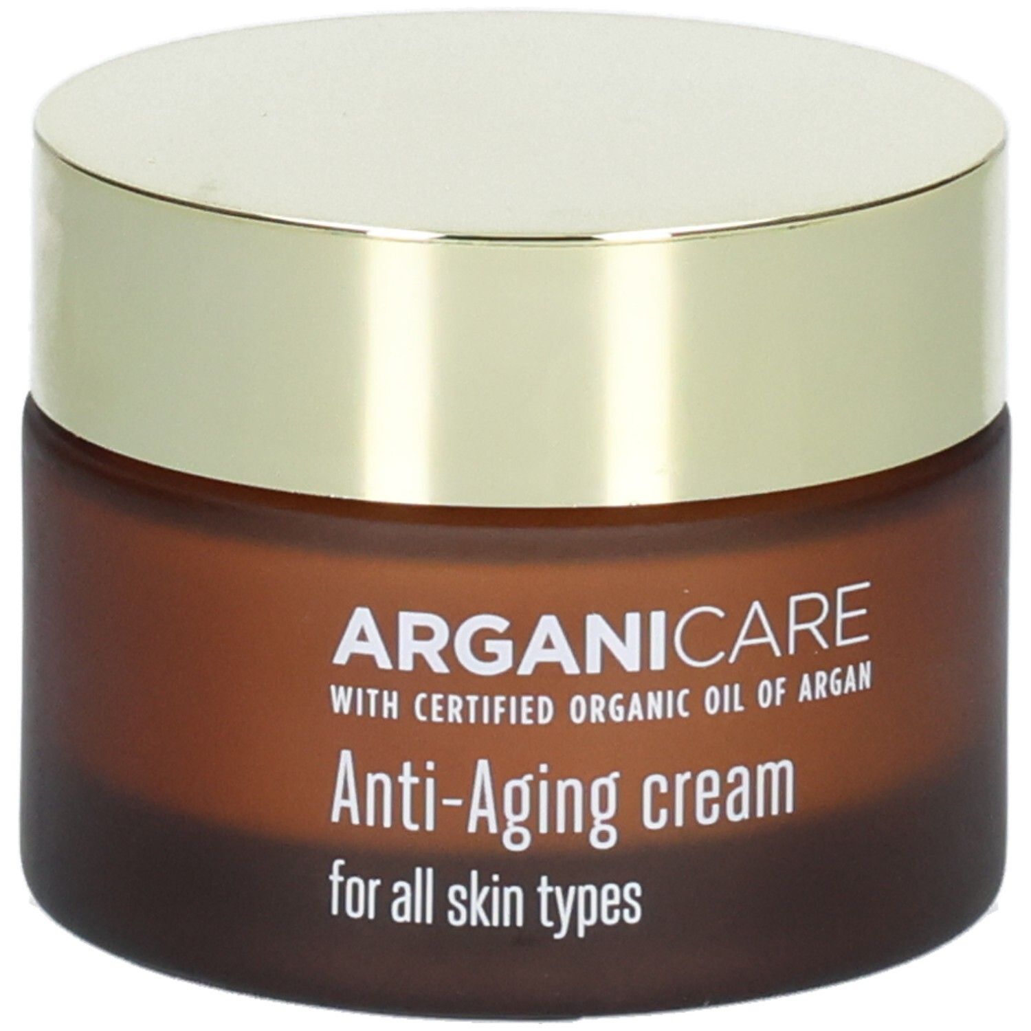 Crema viso Arganicare Anti-Aging in barattolo di vetro marrone con coperchio dorato, vista leggermente angolata.