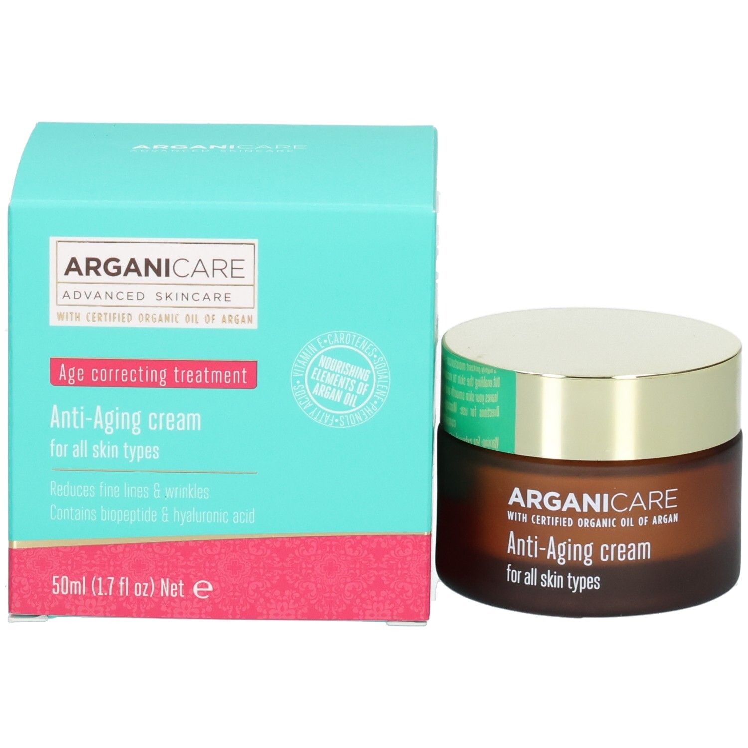 Crema viso Arganicare Anti-Aging con confezione: scatola turchese e barattolo di vetro marrone.