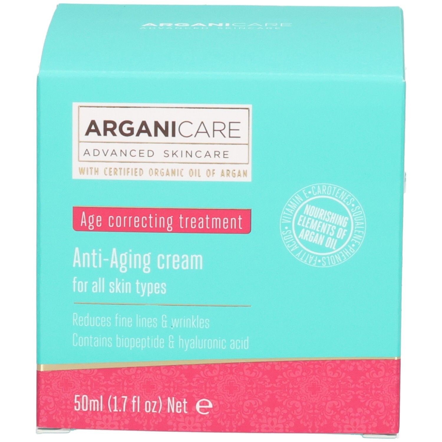 Confezione crema viso Arganicare Anti-Aging: scatola turchese con informazioni sul prodotto.