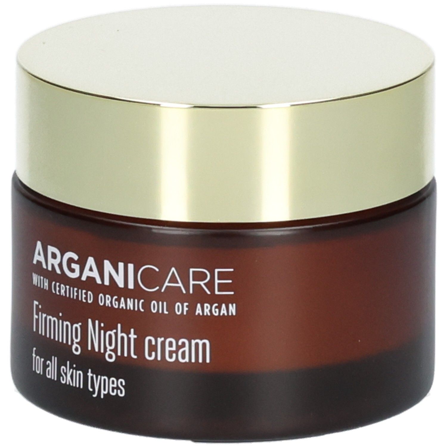 Arganicare Crema notte rassodante in barattolo di vetro marrone con tappo dorato.