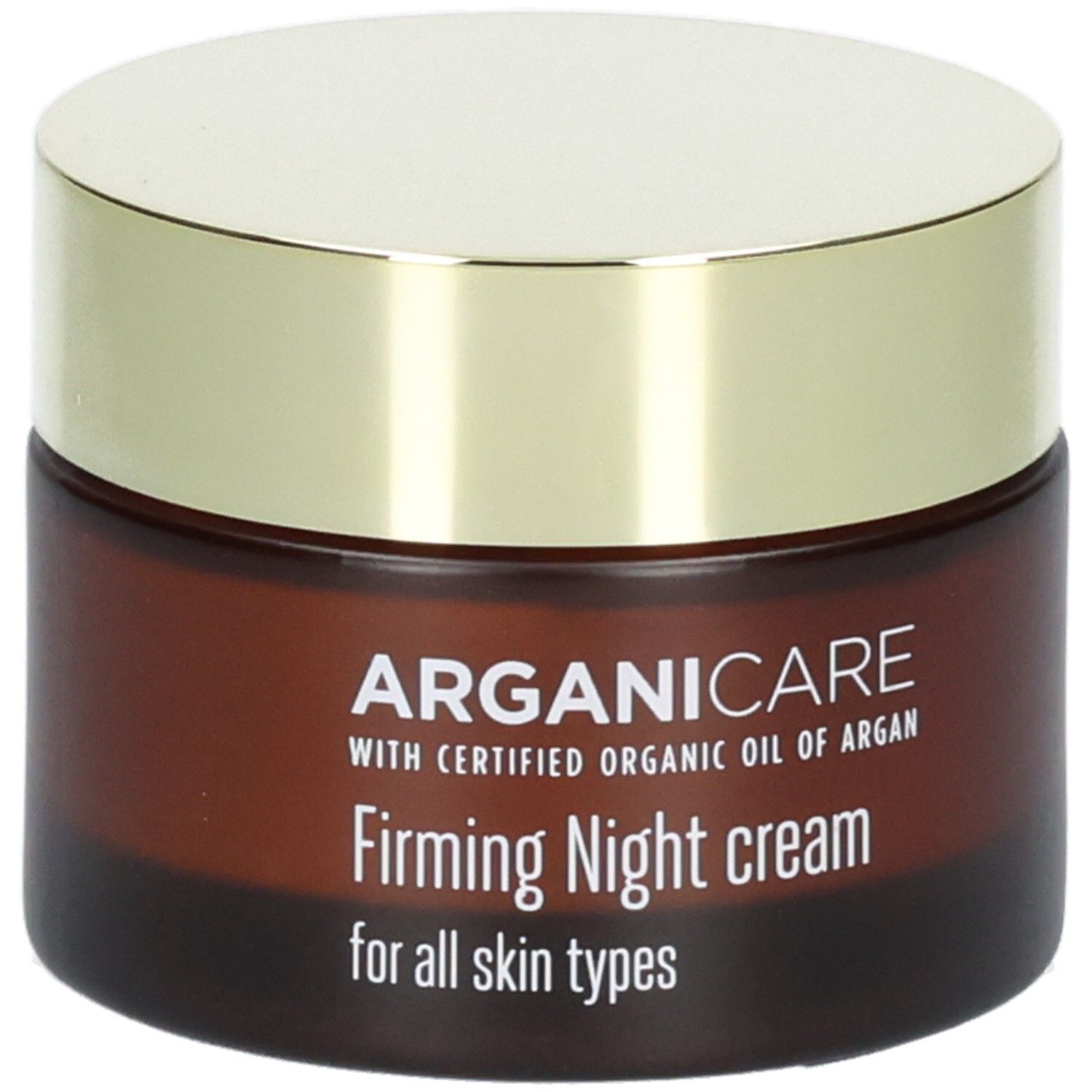 Arganicare Crema notte rassodante in barattolo di vetro marrone con tappo dorato.