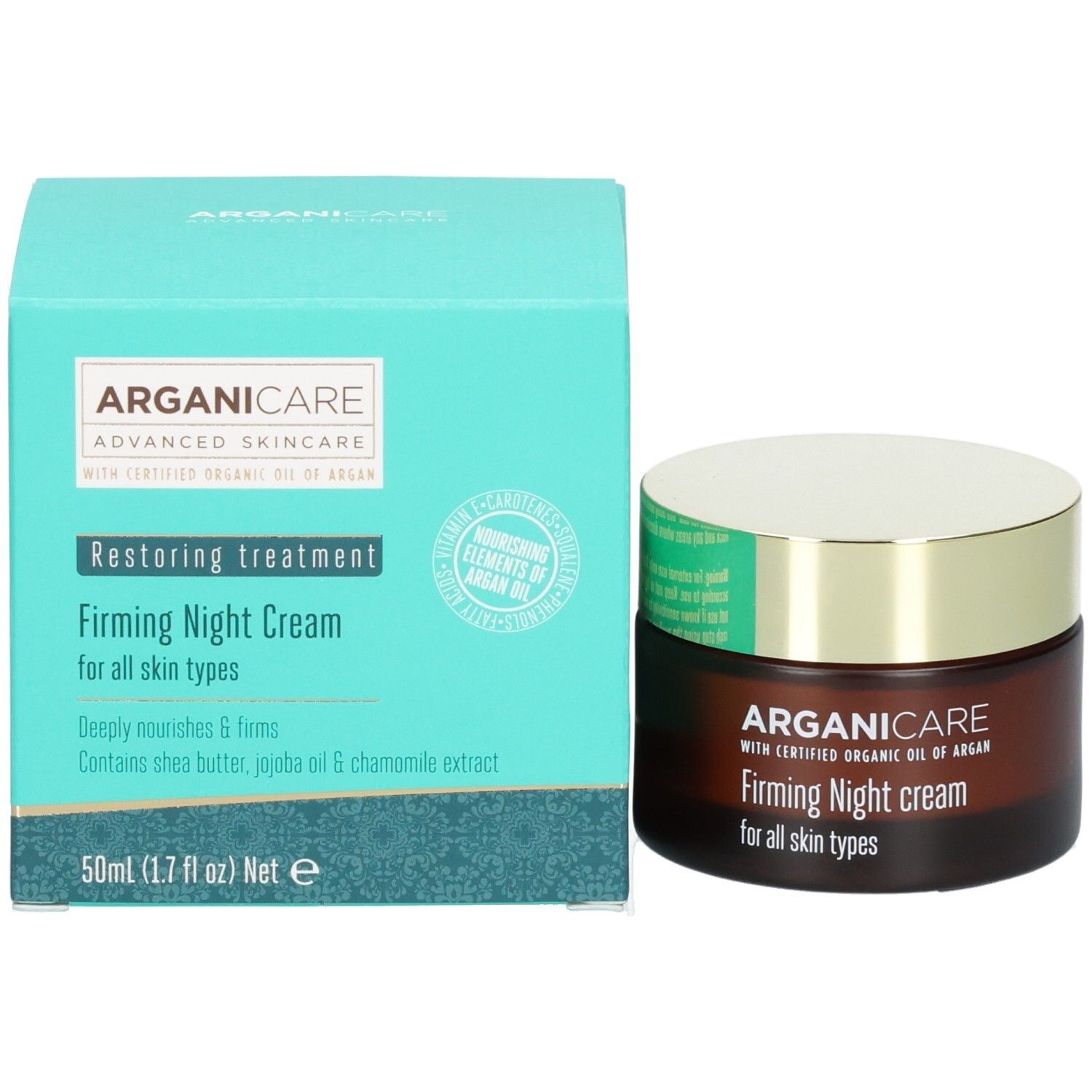 Arganicare Crema notte rassodante in barattolo accanto alla confezione turchese.
