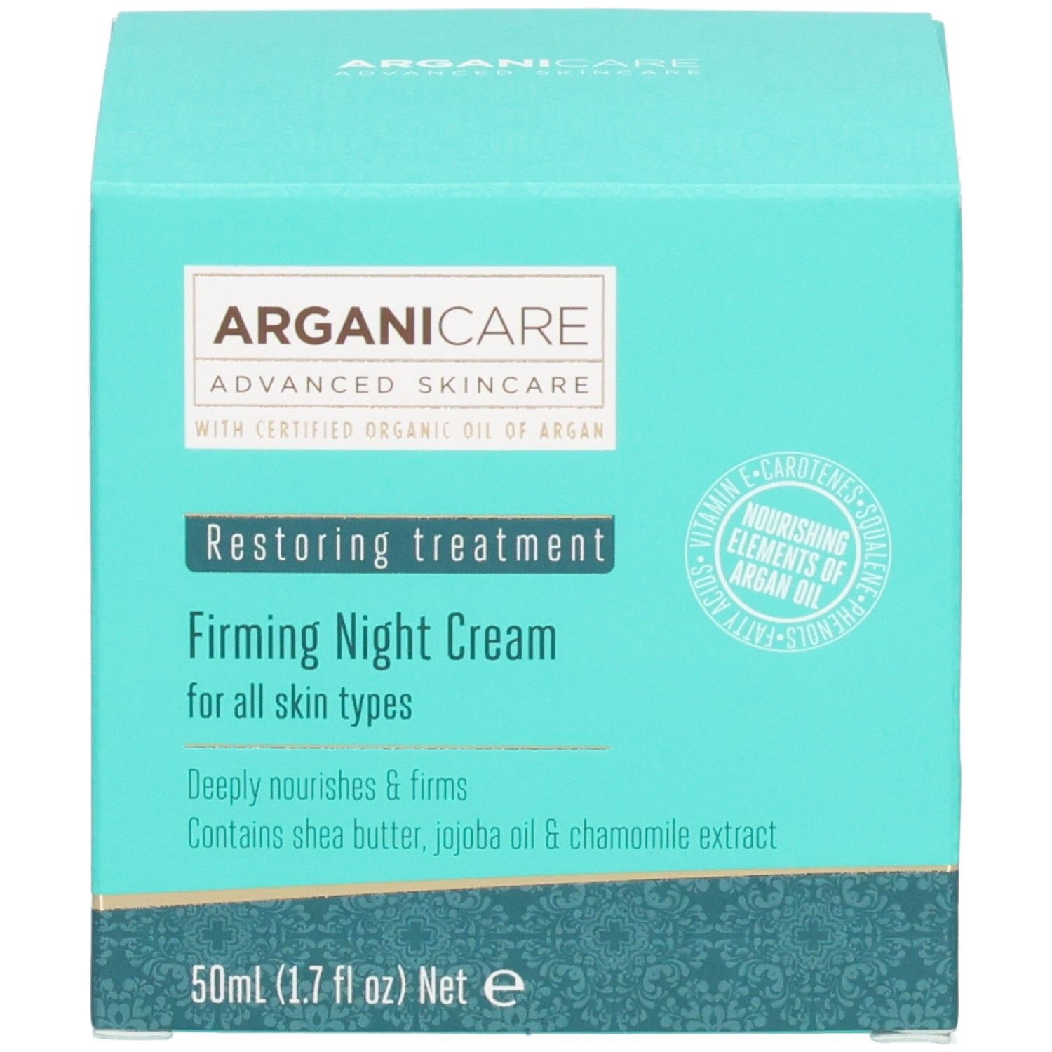Arganicare Crema notte rassodante su confezione turchese con dettagli sugli ingredienti.