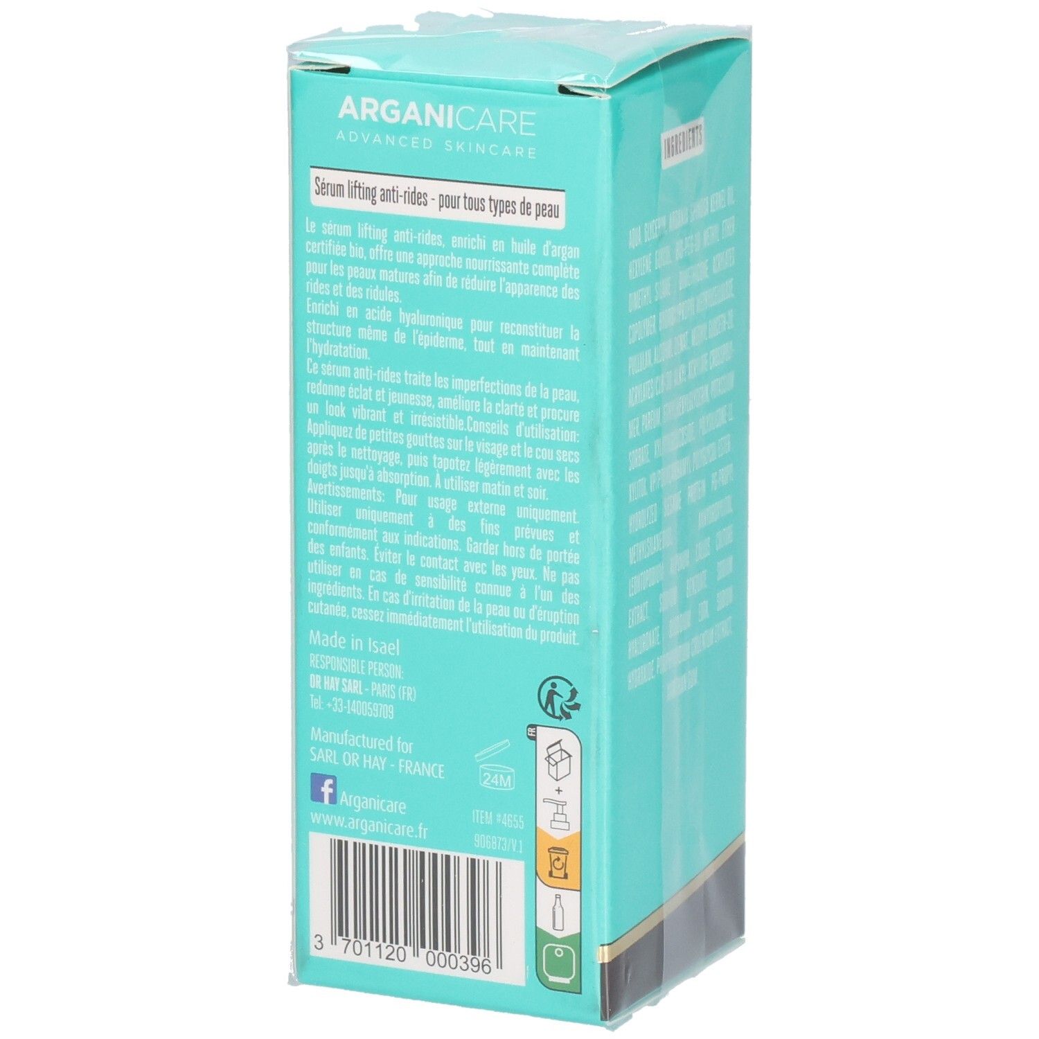 Arganicare Siero Lifting Anti-rughe, confezione turchese con informazioni sul prodotto e codice a barre.