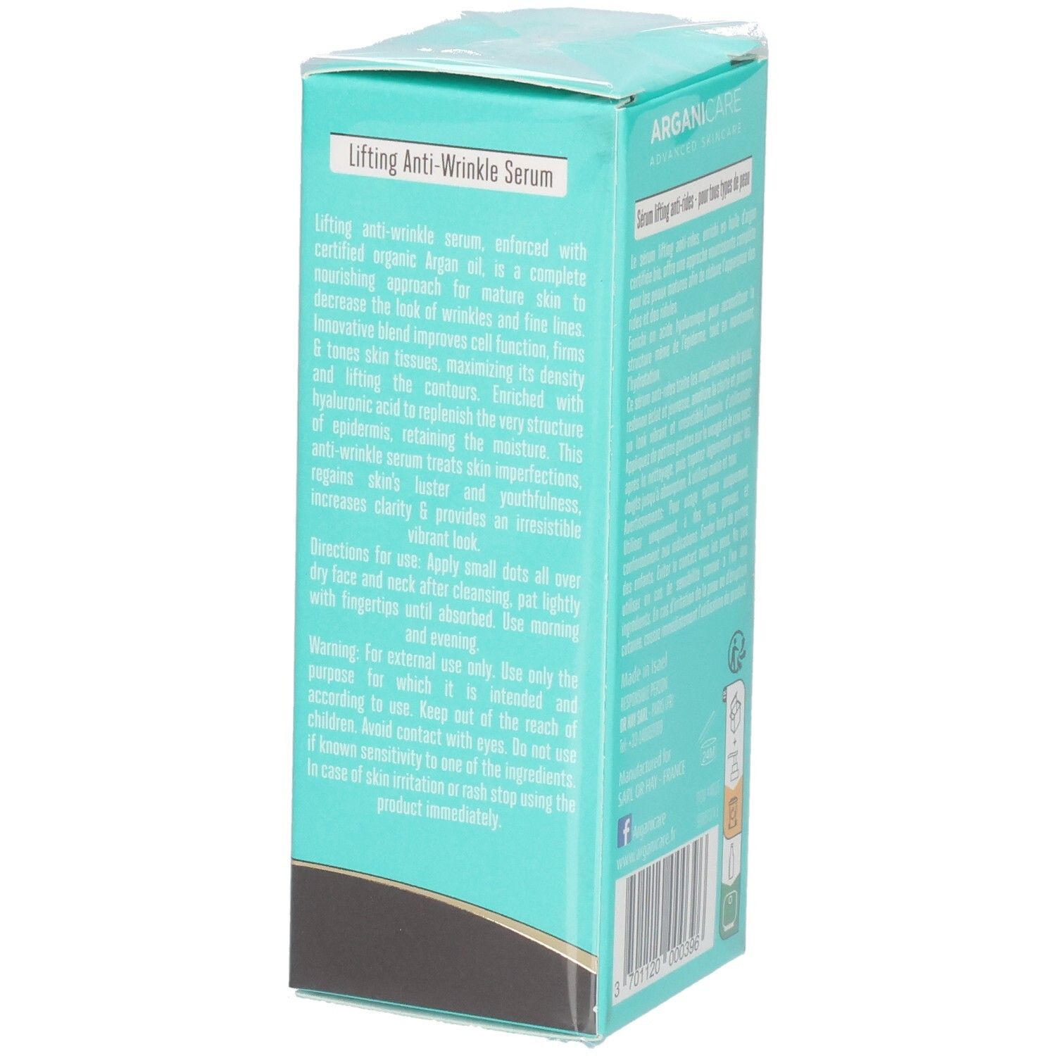 Scatola pieghevole turchese, mostra "ARGANICARE Lifting Anti-Wrinkle Serum".