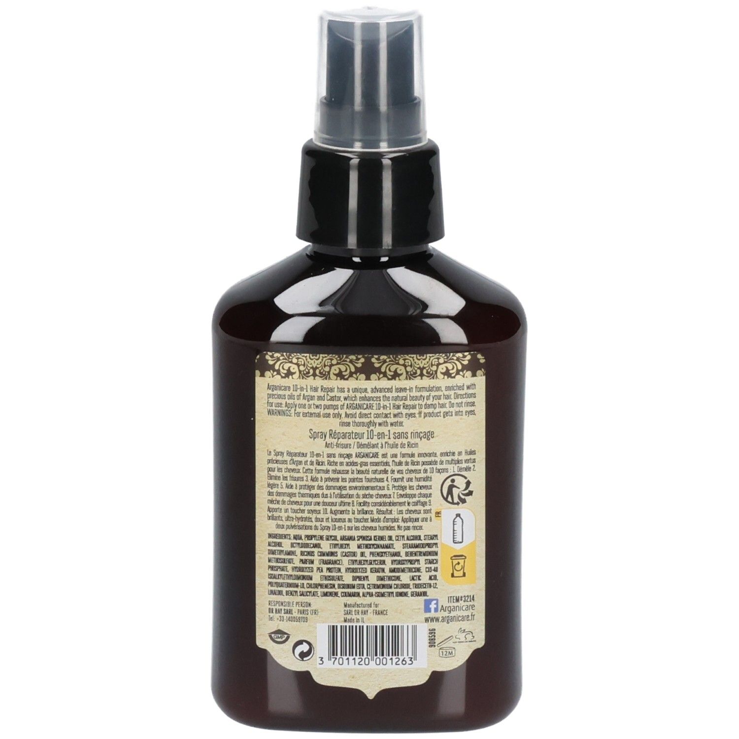 Retro dello spray riparatore leave-in Arganicare 10-in-1. Flacone con informazioni dettagliate sul prodotto e codice a barre.