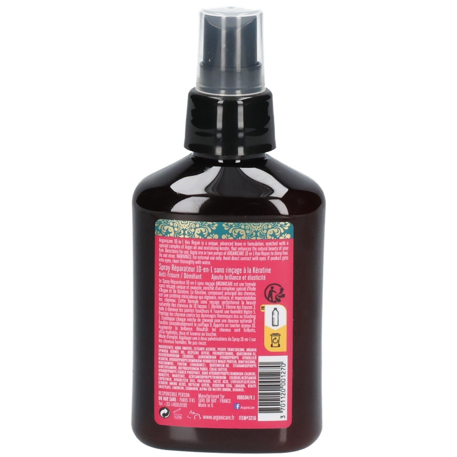Arganicare Spray Riparazione Capelli 10-in-1 Leave-In. Retro del flacone con ingredienti e istruzioni.