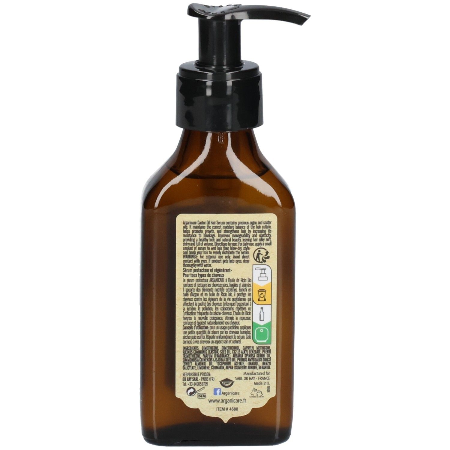 Arganicare Siero Protettivo Ricino: Retro del flacone con ingredienti e istruzioni per l'uso.