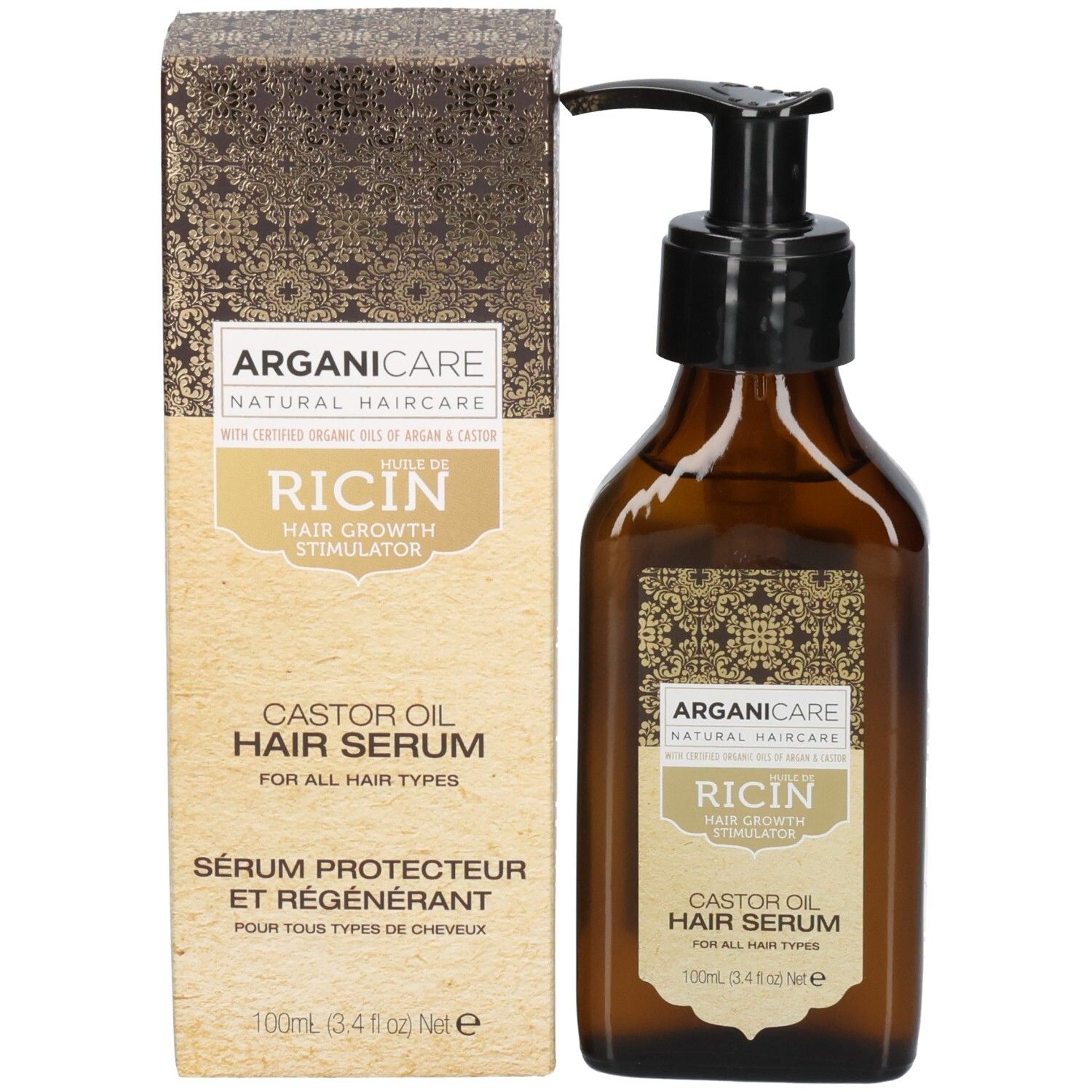 Arganicare Siero Protettivo Ricino: Flacone e scatola. Siero per capelli all'olio di ricino per tutti i tipi.