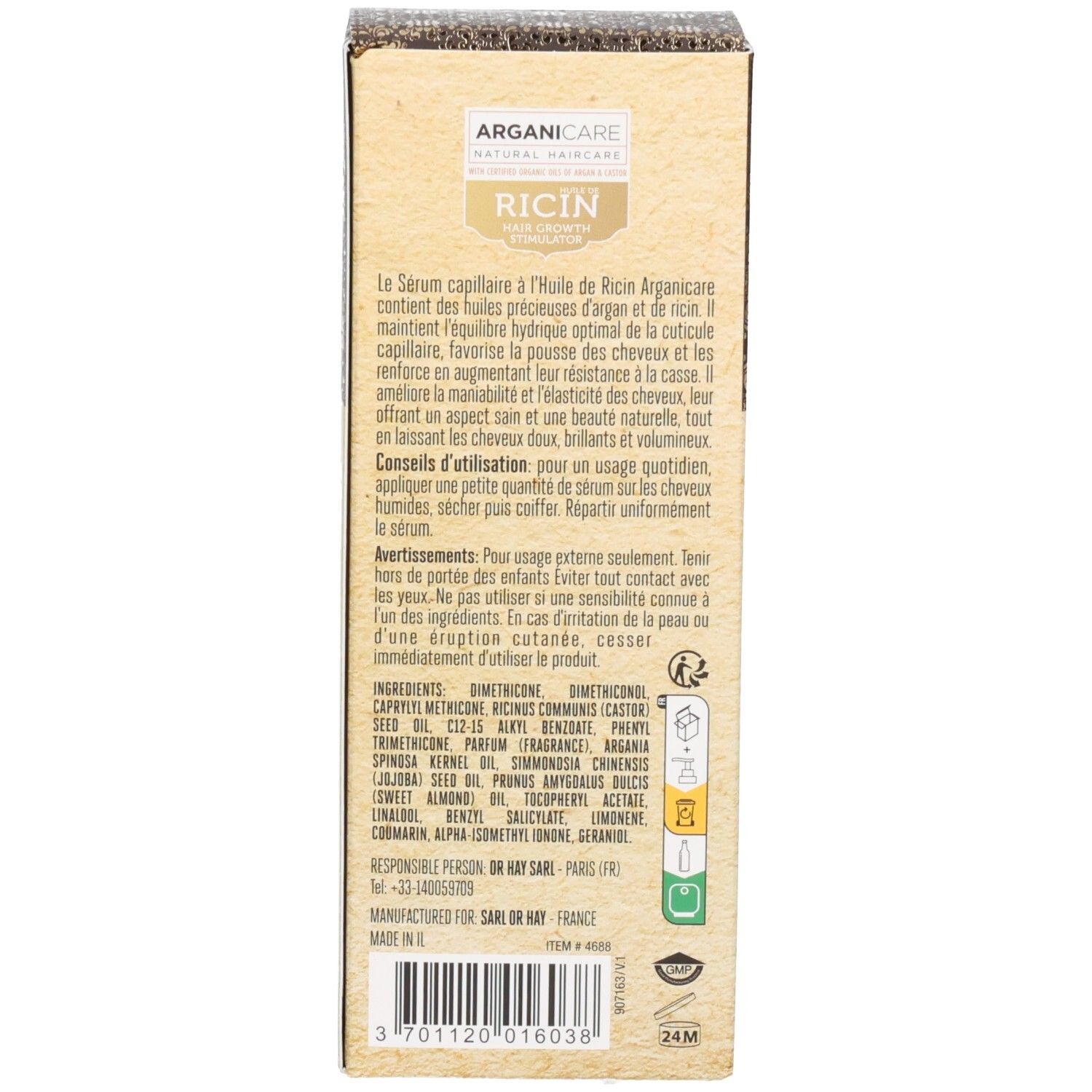 Lato della confezione Arganicare Siero Protettivo Ricino con ingredienti e avvertenze.