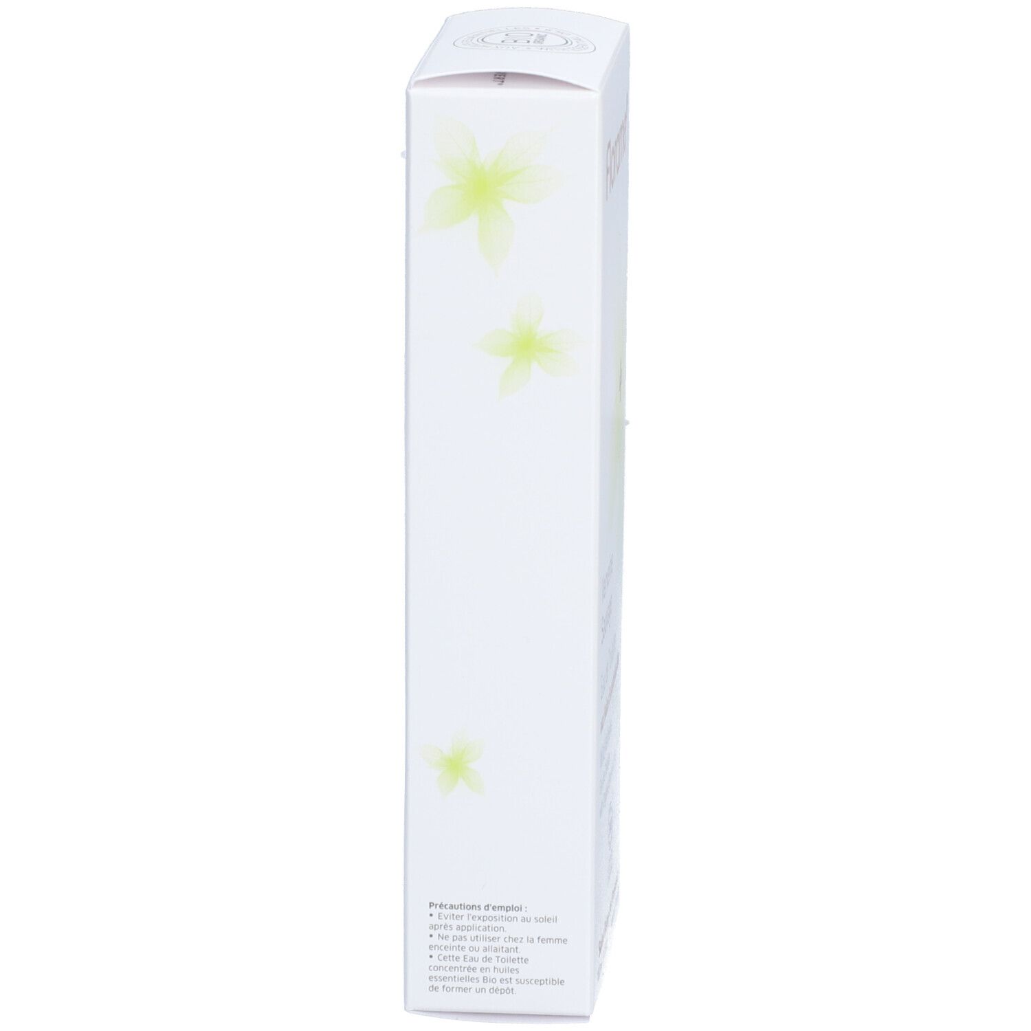 Vista laterale della confezione del prodotto. Scatola bianca con elementi floreali e testo. Testo in francese.