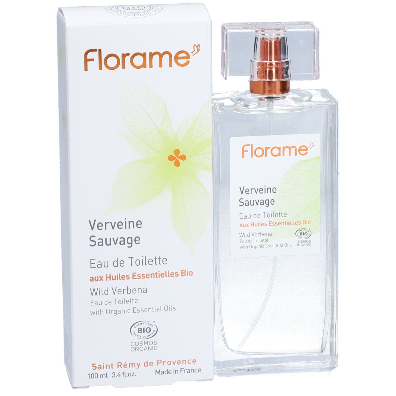 Florame Eau de Toilette Verveine Sauvage. Flacone e confezione. Scatola bianca con nome e logo del prodotto. Flacone con vaporizzatore.