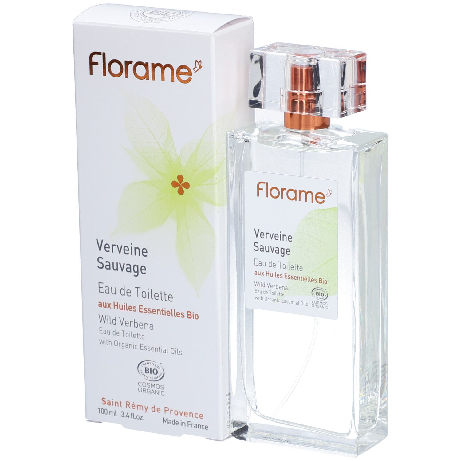 Florame Eau de Toilette Verveine Sauvage. Flacone e confezione. Scatola bianca con nome e logo del prodotto. Flacone con vaporizzatore.
