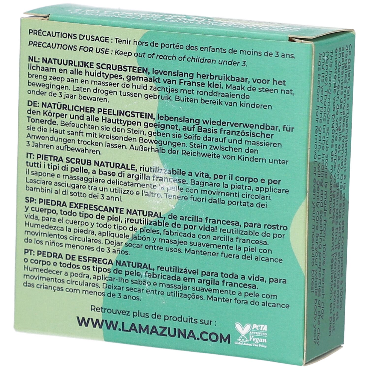 Retro della confezione verde. Testo multilingue: Precauzioni d'uso, istruzioni per l'uso, ingredienti, informazioni sul produttore.