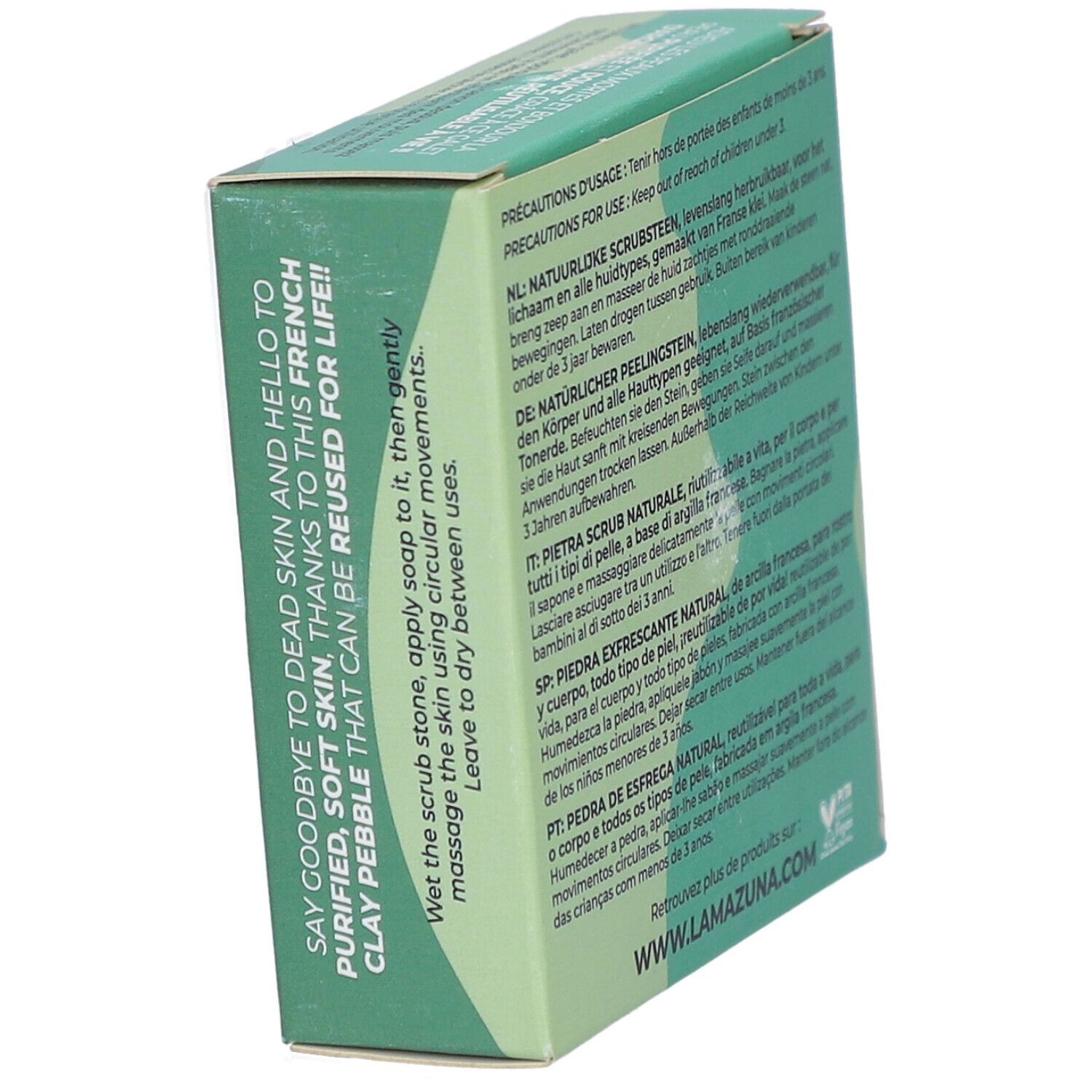 Confezione verde in diagonale. Testo: Precauzioni d'uso, istruzioni per l'uso, informazioni sul produttore. Indirizzo del sito web: www.lamazuna.com.