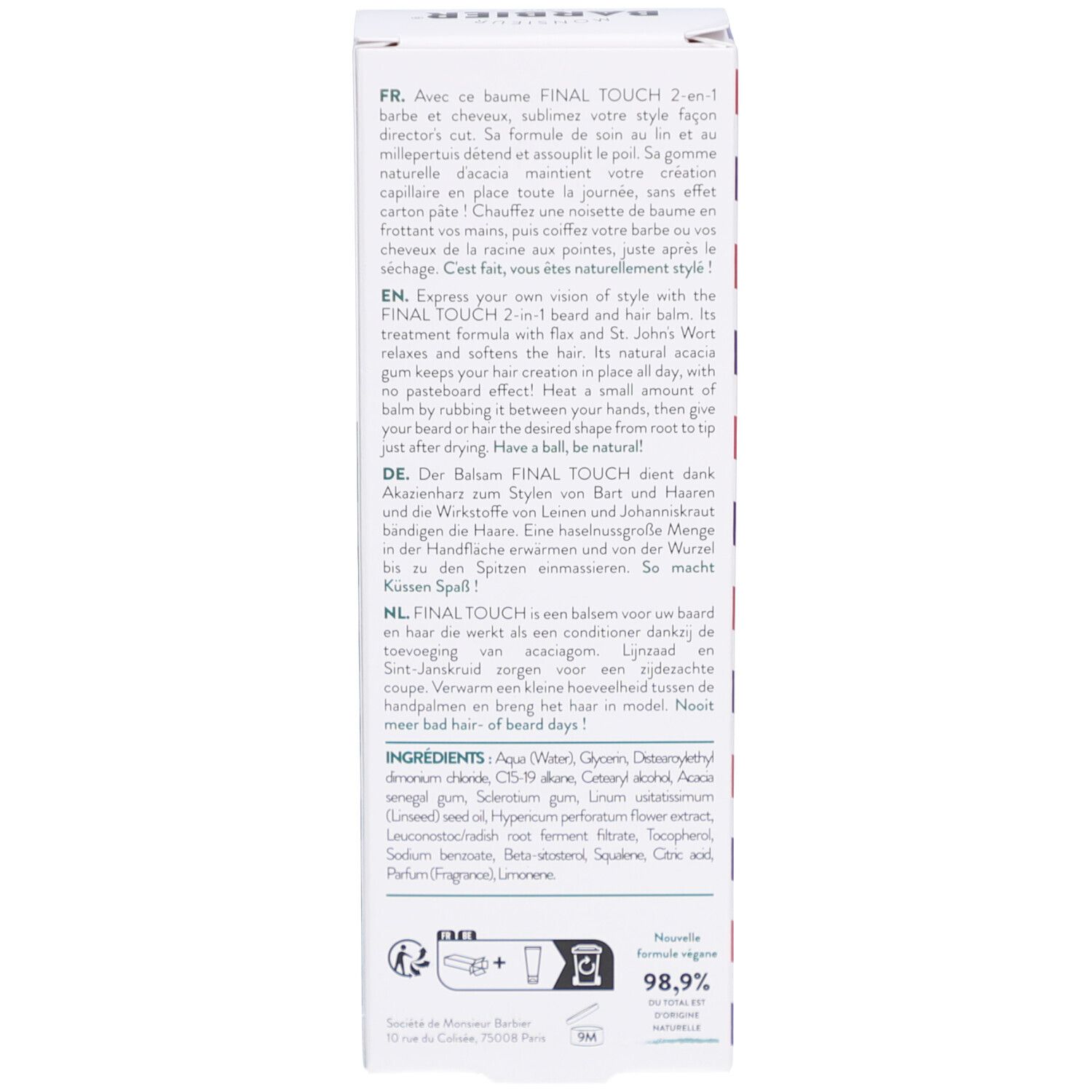 Retro della confezione in cartone. Testo multilingue. Informazioni sugli ingredienti e l'uso.