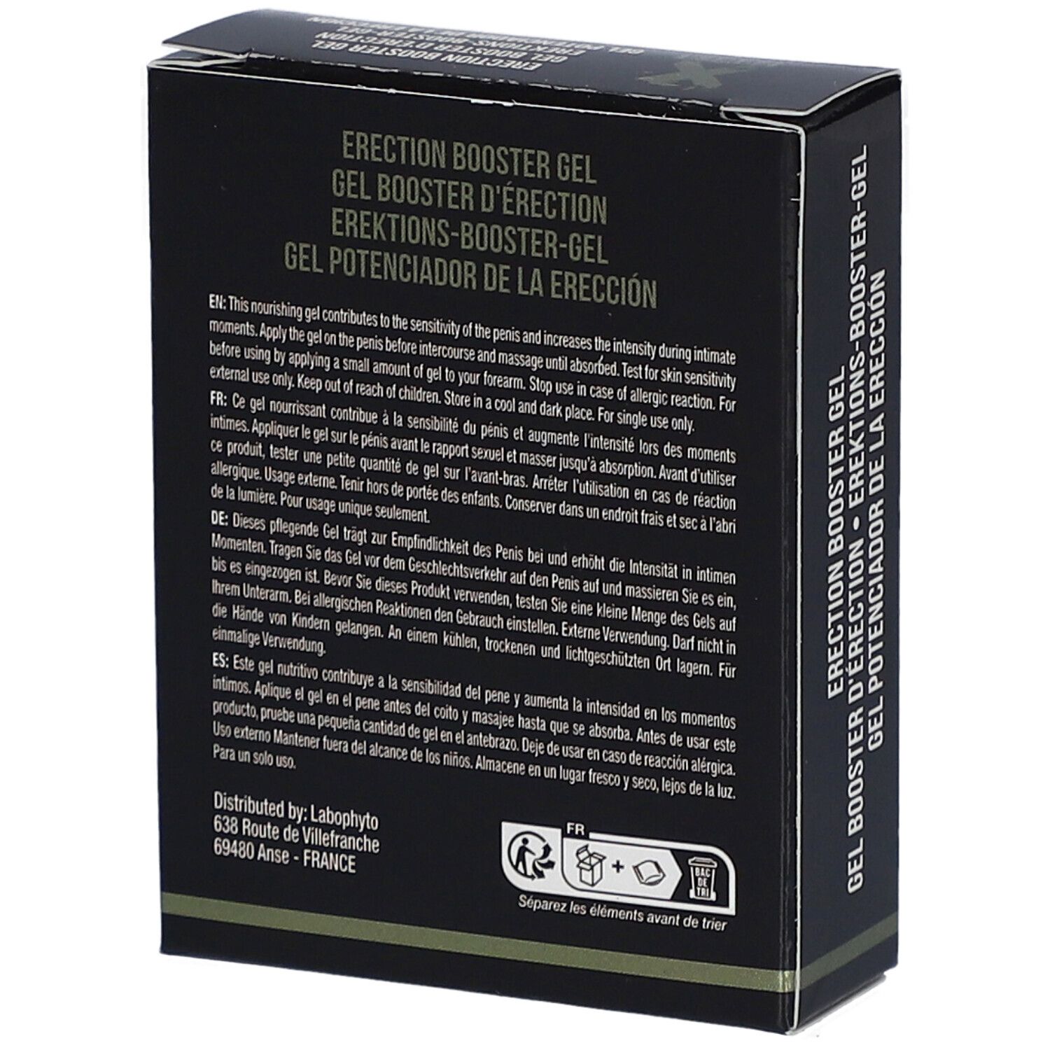 Scatola nera con testo. Contiene informazioni sul prodotto, ingredienti e indirizzo del produttore.