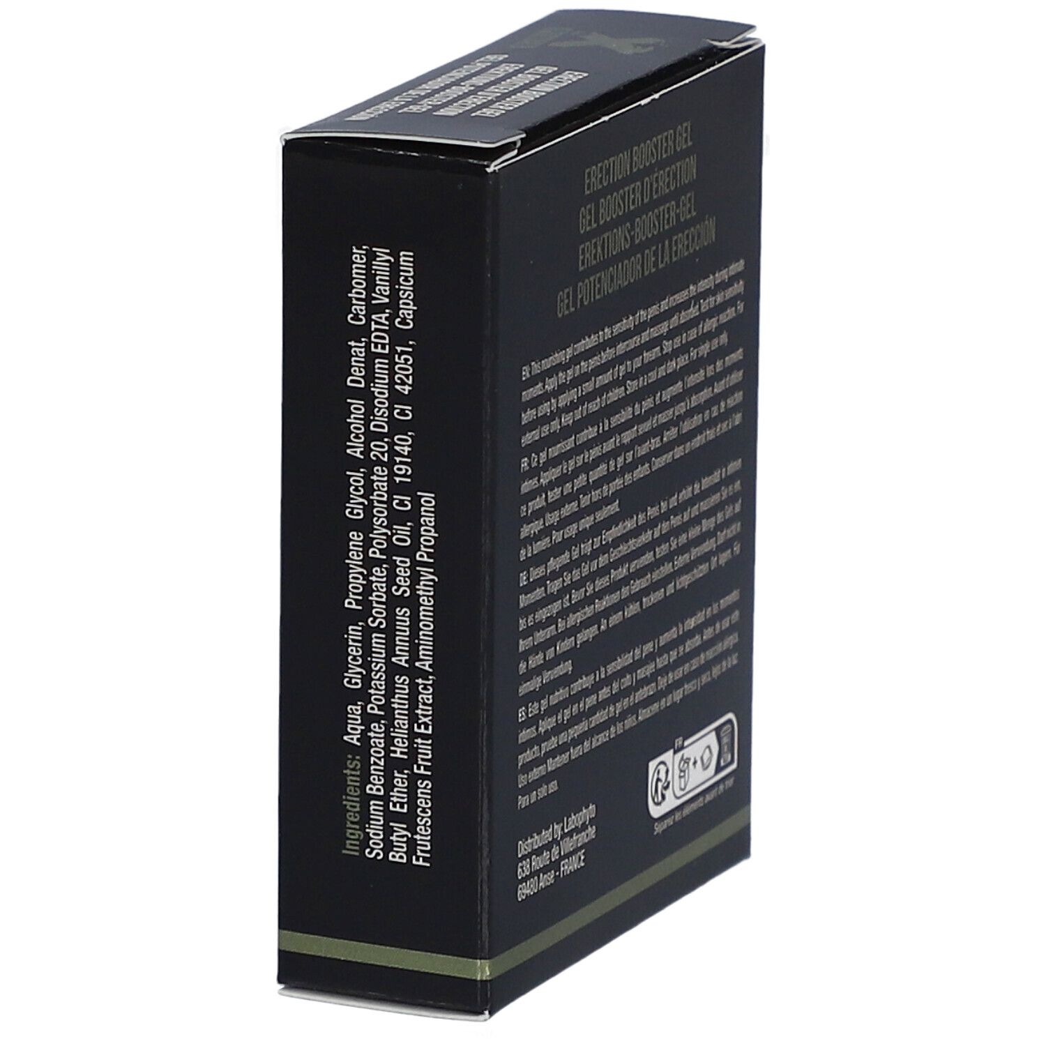 Lato confezione XPOWER Erektion Booster Gel con elenco ingredienti.