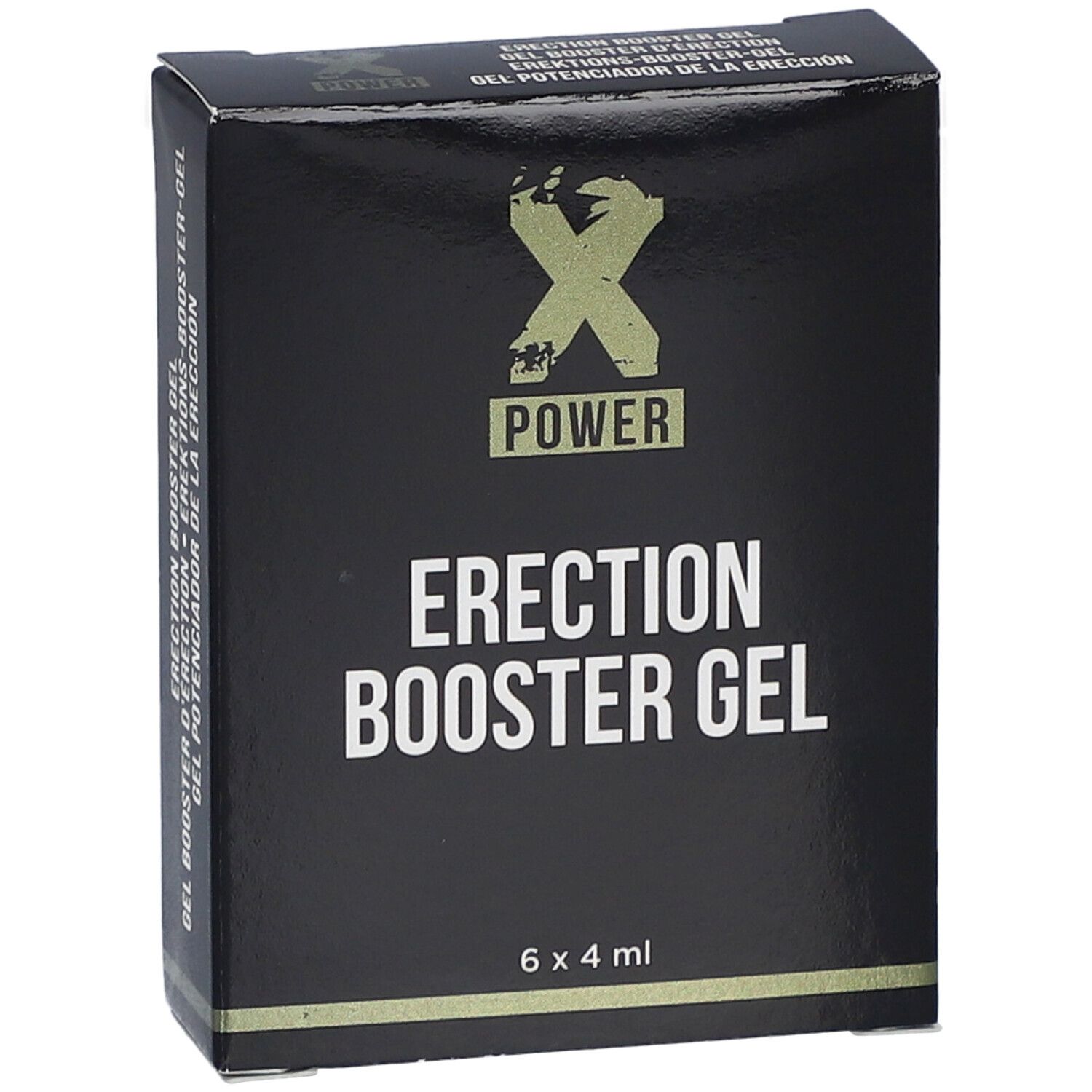Scatola nera, "XPOWER ERECTION BOOSTER GEL". Logo e nome del prodotto ben visibili. 6 x 4 ml.