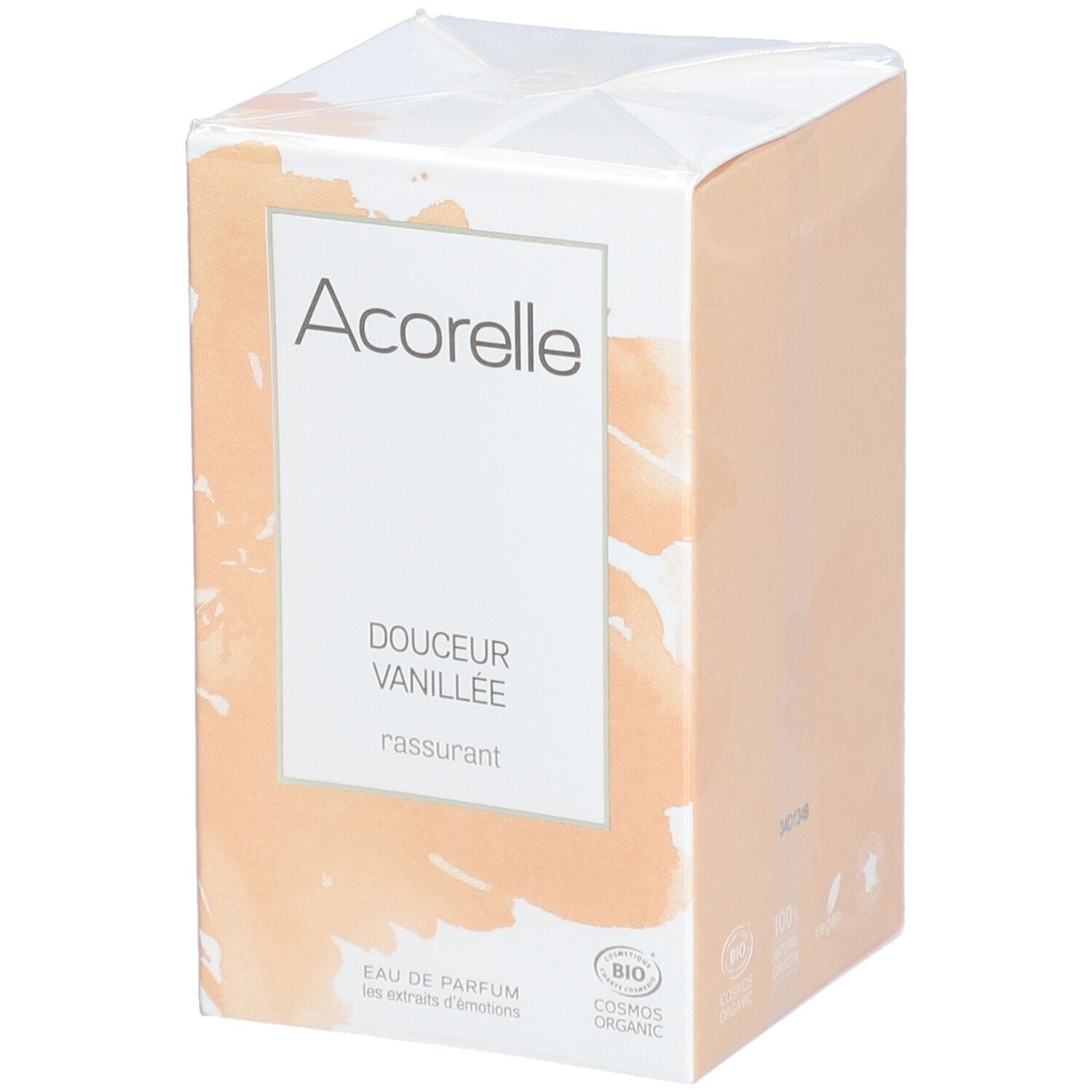 Confezione Acorelle. Bianca e beige. Scritta: Douceur Vanillée, Eau de Parfum, Bio.