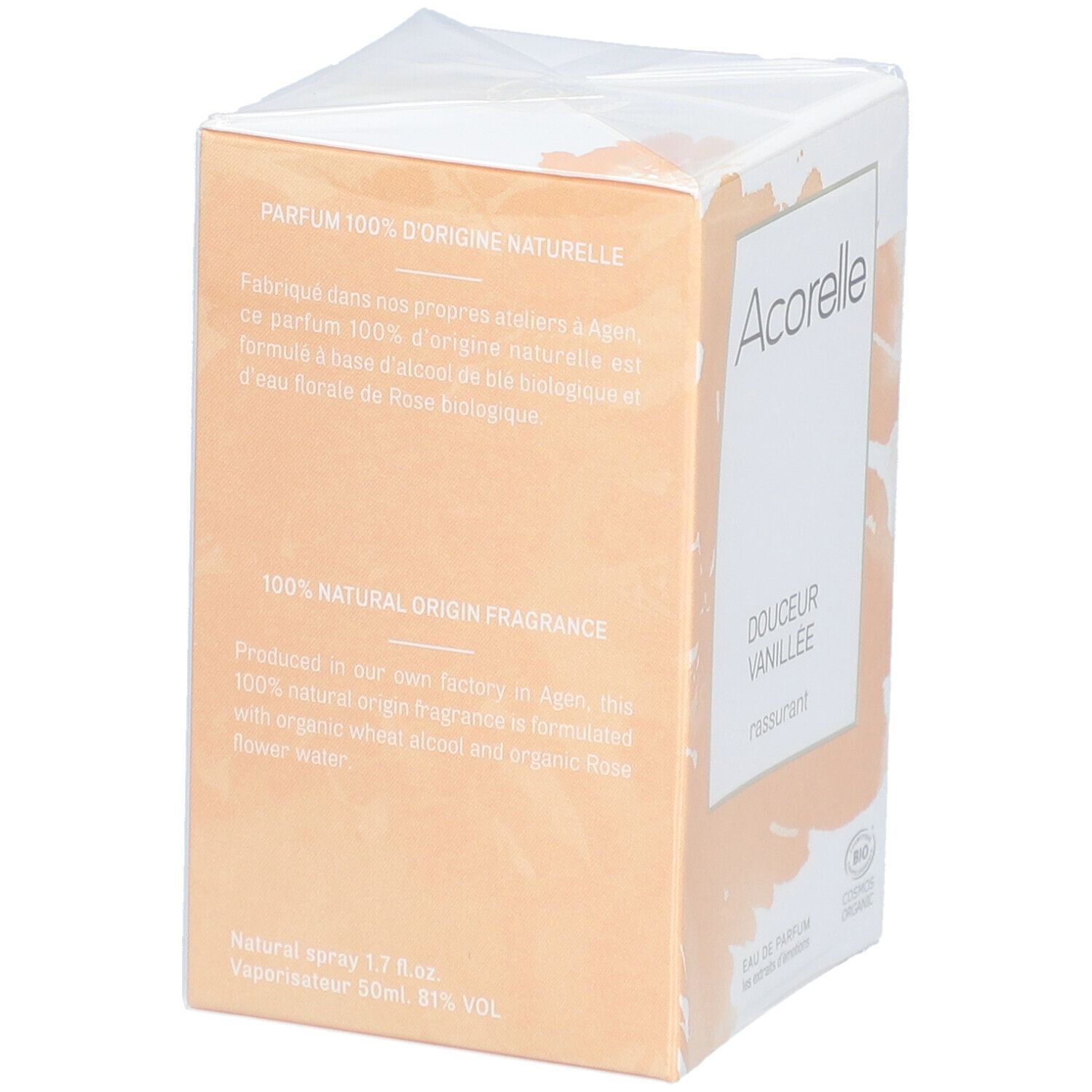 Confezione Acorelle. Beige e bianca. Scritta: Douceur Vanillée, profumo 100% naturale, Bio.