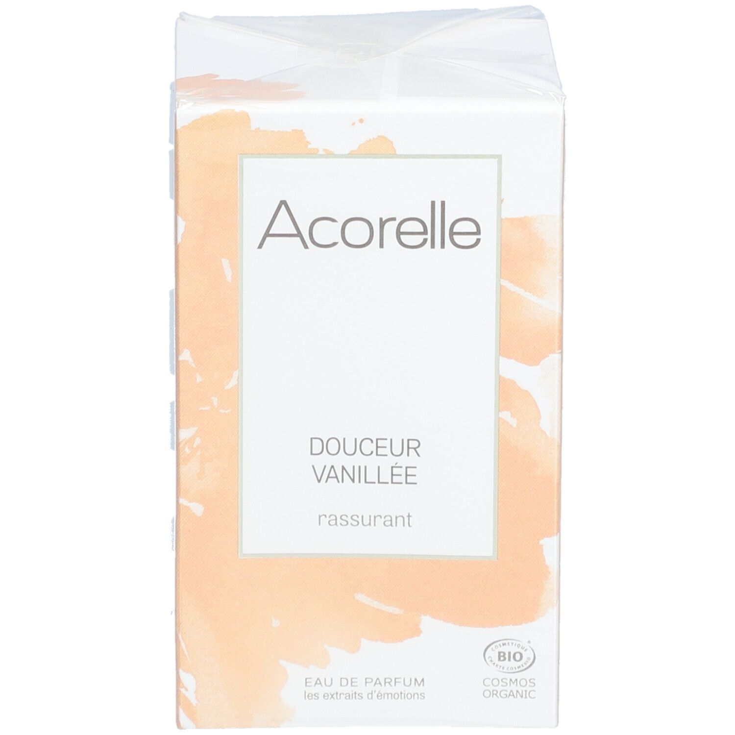 Confezione Acorelle. Bianca e beige. Scritta: Douceur Vanillée, Eau de Parfum, Bio.